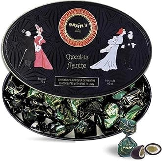 Chocolate Covered Mint Candies in a Luxurious Oval Tin Box Black and Gold, Belle Epoque Design, 175 g