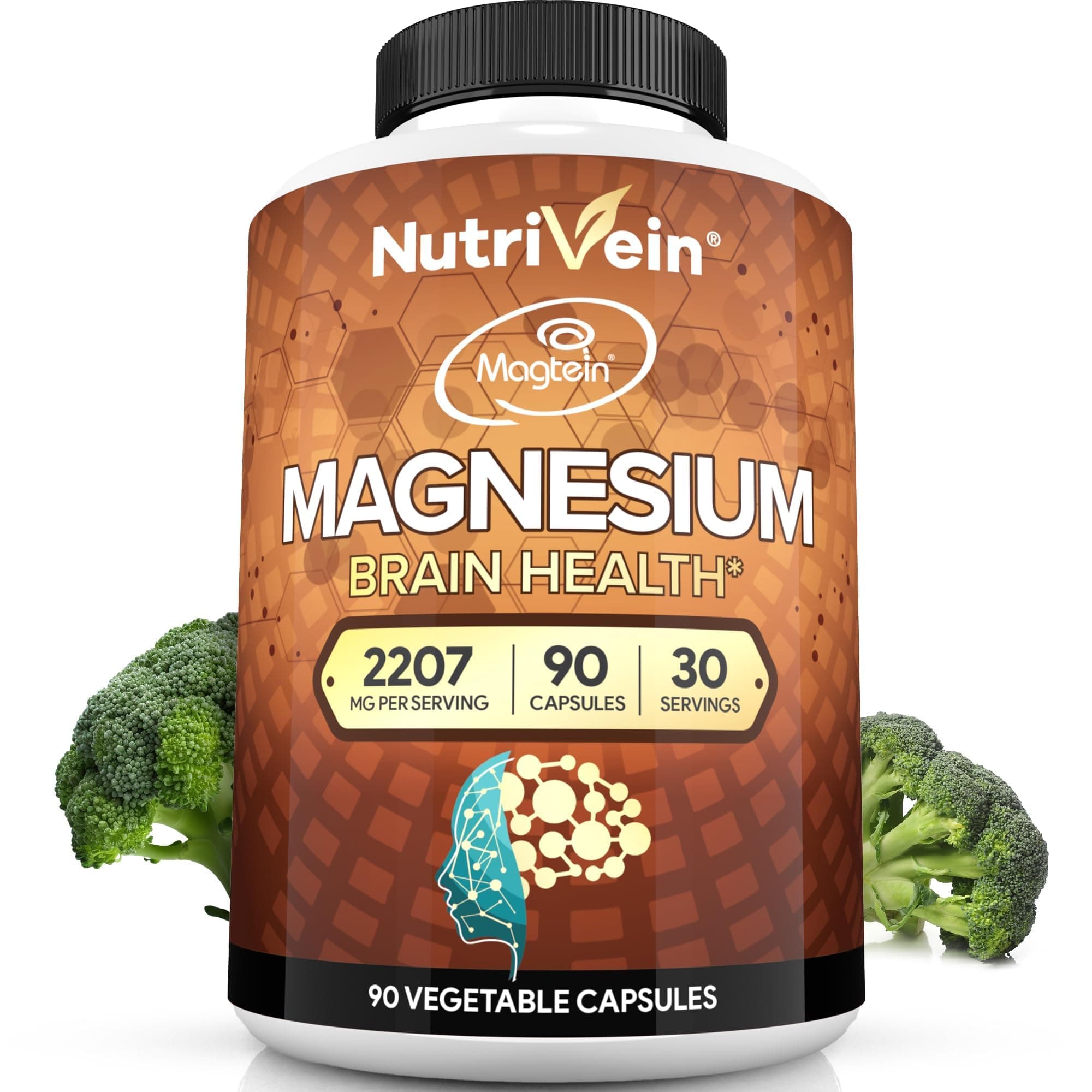 Nutrivein Magnesium L-Threonate (Magtein) 2207mg - Boosts Brain Health, Memory & Focus, Sleep & Recovery, Reduces Fatigue - 30 Day Supply (90 Capsules, Three Daily)