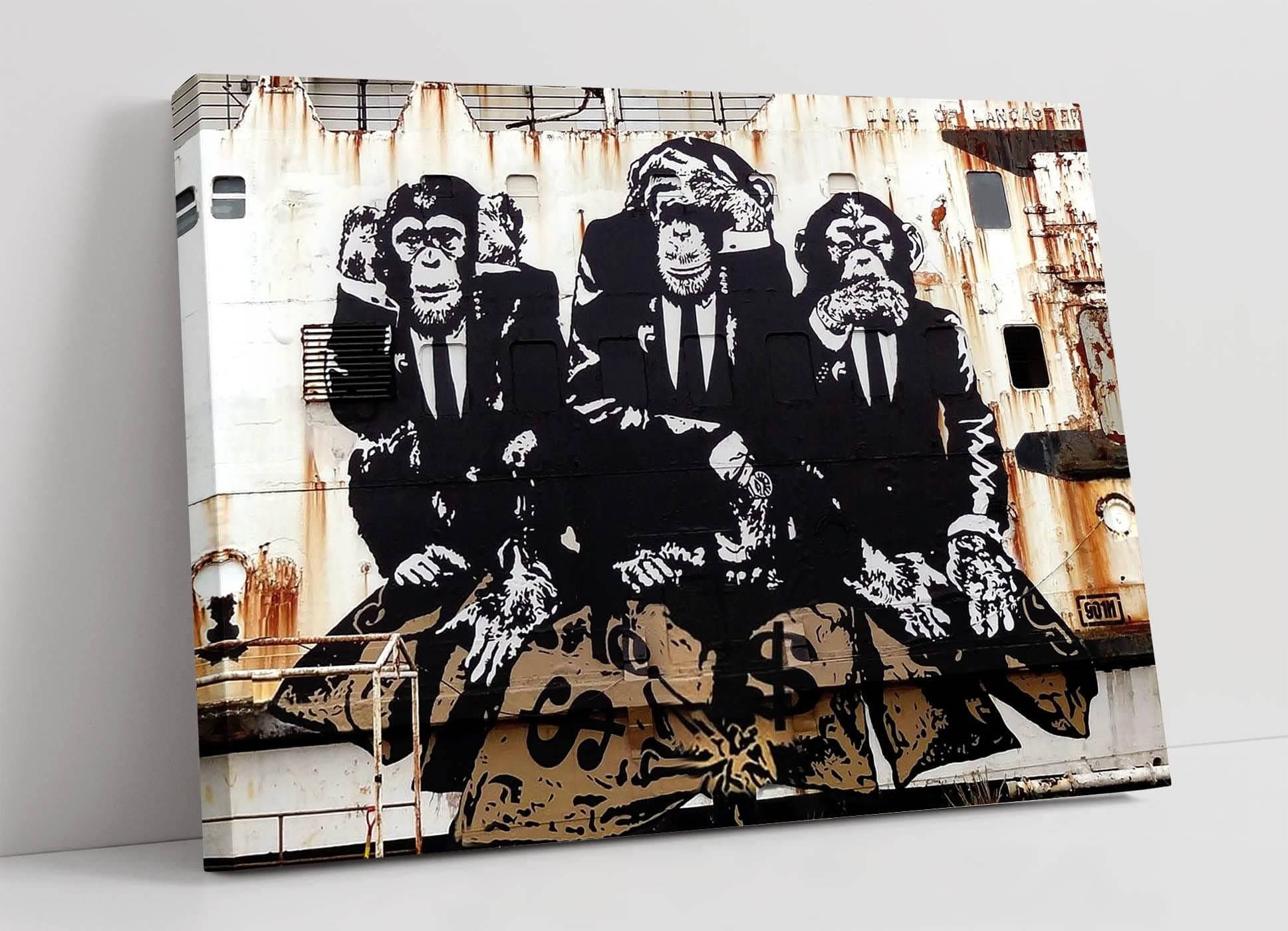 BANKSY 3 WISE MONKEYS CANVAS WALL GRAFFITI ART PRINT ARTWORK FRAMED (18in x 12in / 45cm x 30cm) Living Room