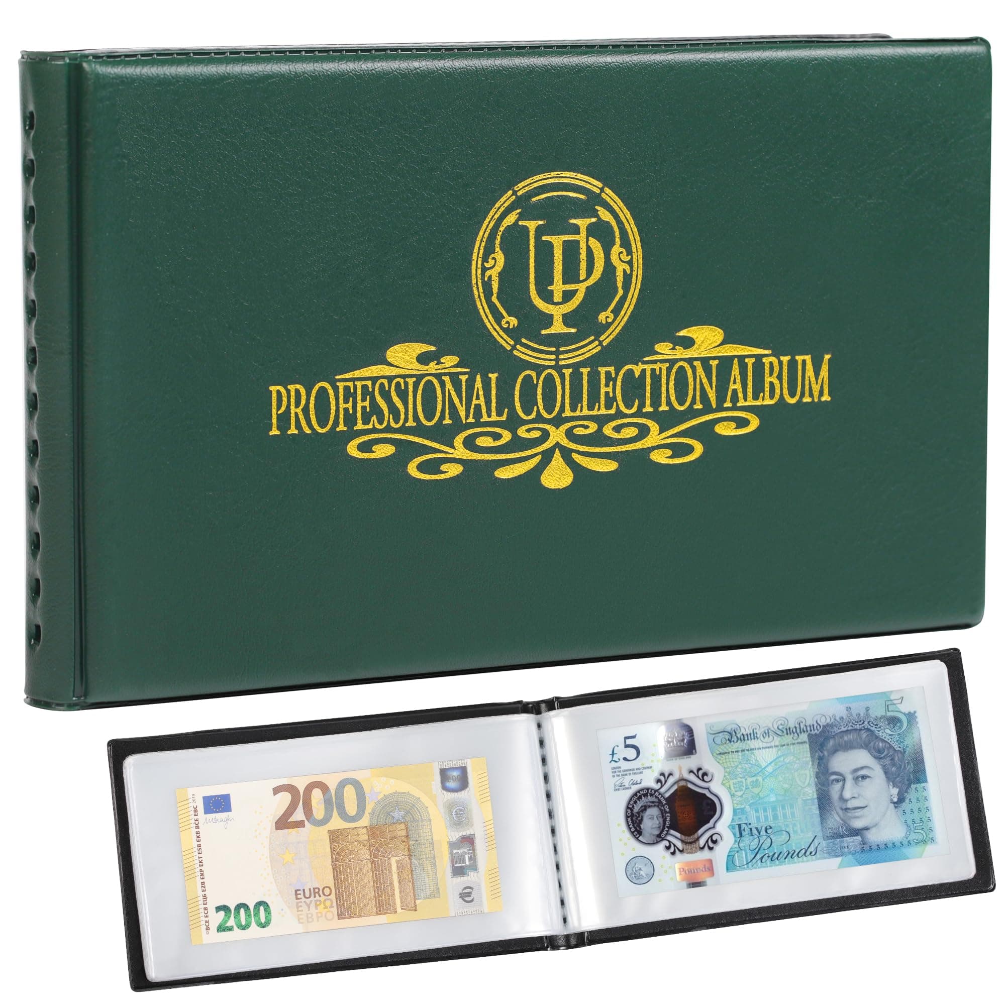 40 Pockets Banknote Currency Collecting Album - 20 Sheets Clear Dollar Bill Holders World Money Storage Book Collection Supplies Double-Sided Pages for Trading Cards Stamps Tickets Green AN04GR