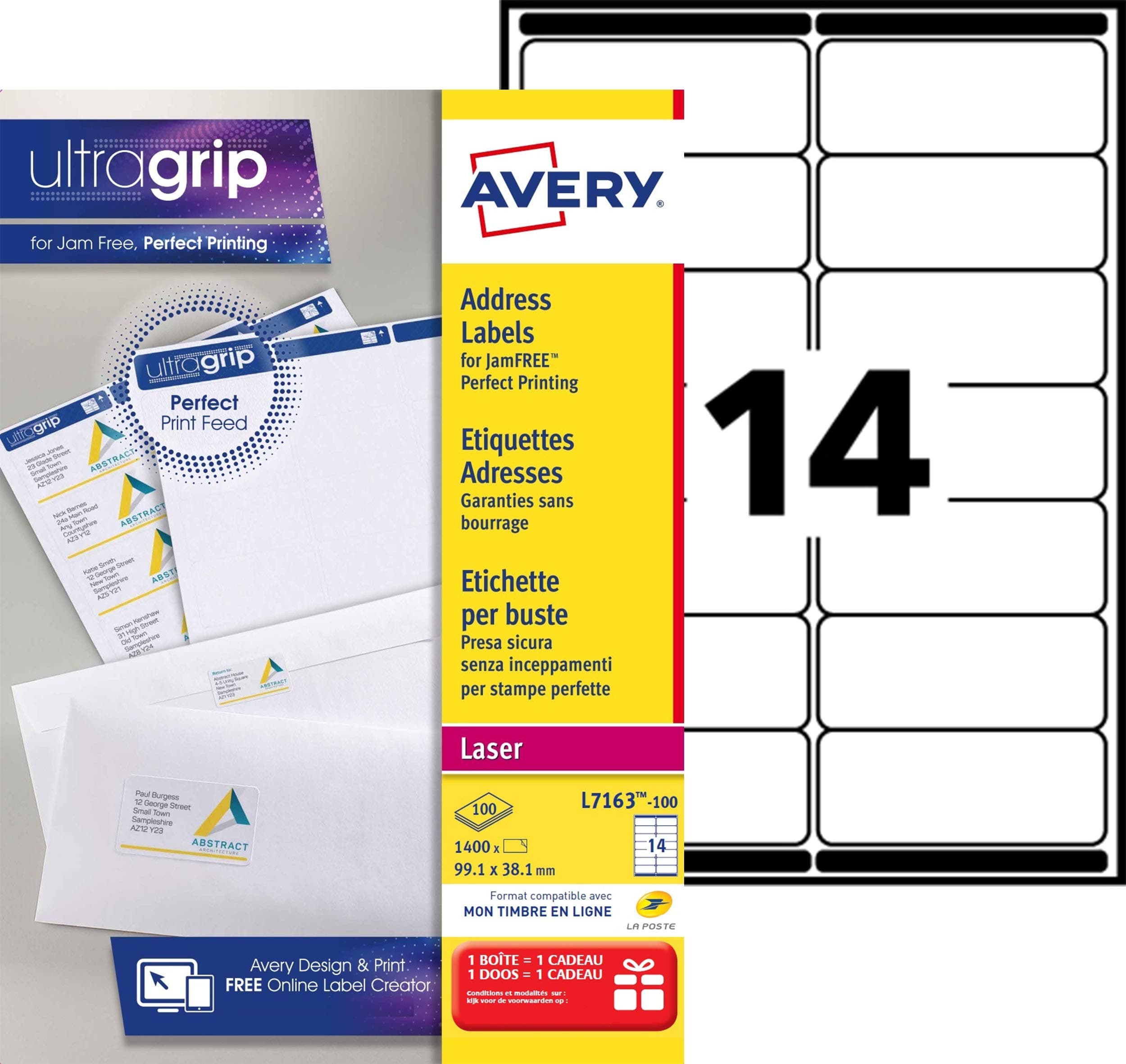 JamFREE, Printable, Address Labels, Customisable, 99.1 x 38.1 mm, White, 14 Labels per Sheet, 1400 Blank Labels per Pack (L7163-100)