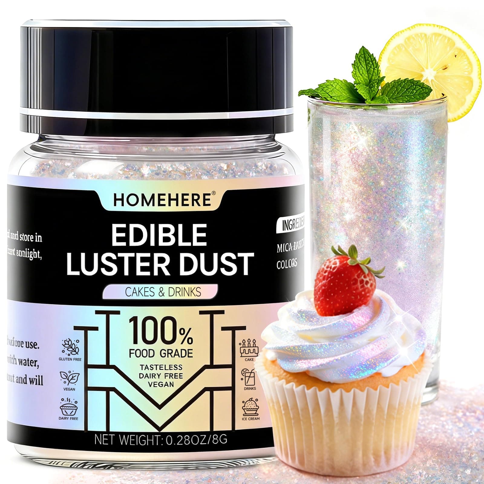 HomeHere Edible Luster Dust Food-Grade Glimmer Powder Glitter for Cake Decorating 15g, Edible Sprinkle Glitter for Cocktails Drinks Baking Candy Dessert Chocolate Vegan Tasteless