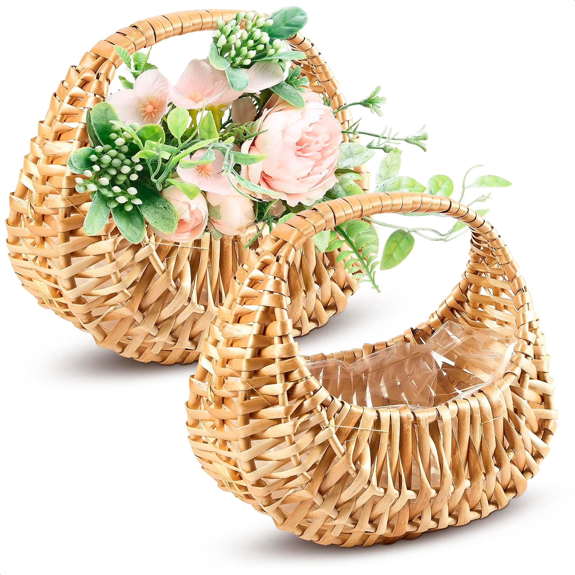 Small Flower Girl Basket Set of 2 - Small Wicker Basket with Handle and Waterproof Lining 6.3" x 5.12" x 3.75" - Tiny Easter Baskets with Rattan Design for Flowers, Sweets, Gifts, Home Decor & Storage