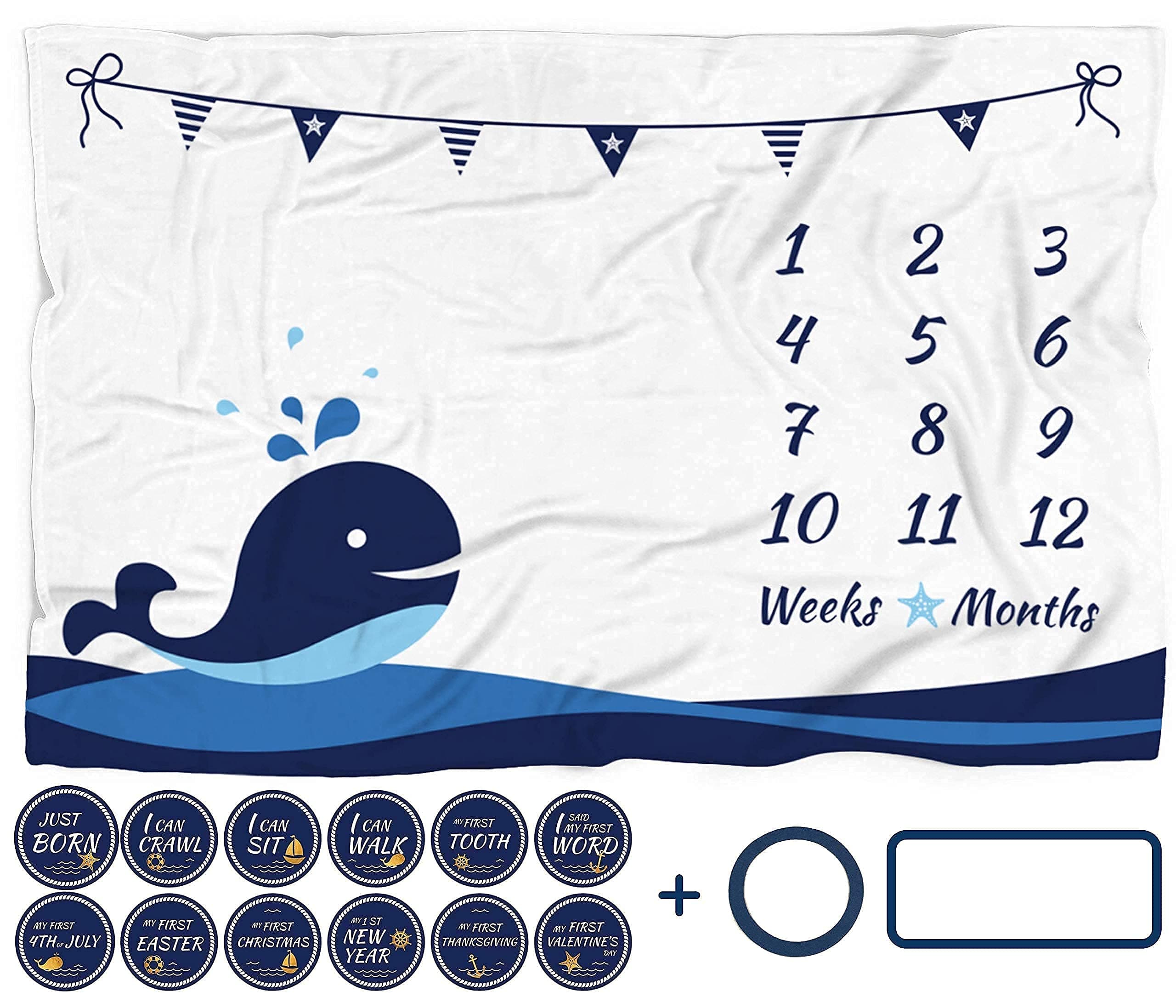Milestone Blanket Boy, Whale Month Tracker, First Year Calendar Monthly Growth Chart, Photo Prop Mat, Baby Boy Shower Gifts, Nautical Nursery, (Minky 60"x40")