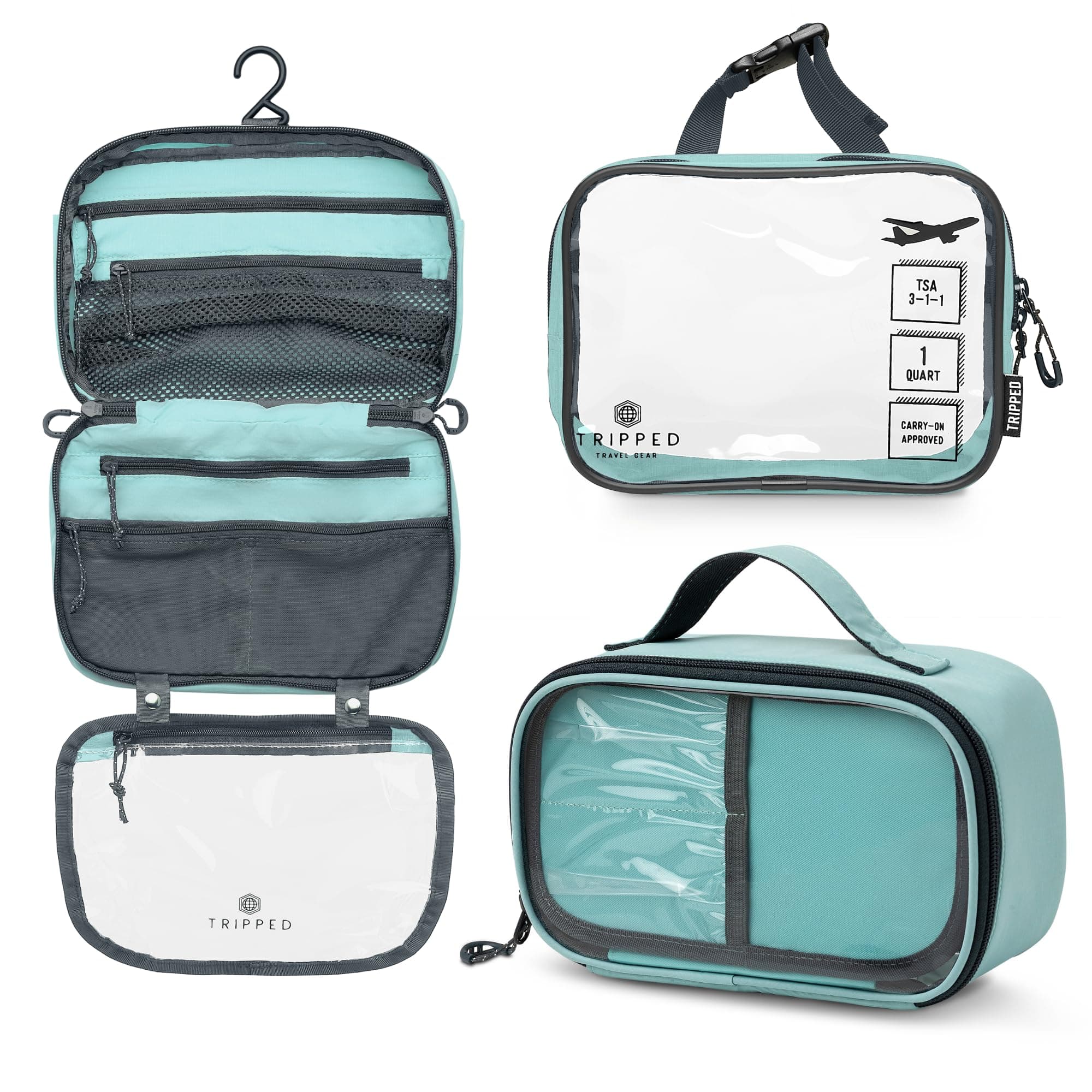 Toiletry Bag Kit Set: Hanging Travel Toiletry Bag + 311 TSA Cosmetic Liquid Bag + Ultra Light Accessory Organizer Pouch, Dusty Makeup and Toiletry Set of 3, Dusty Teal Make
