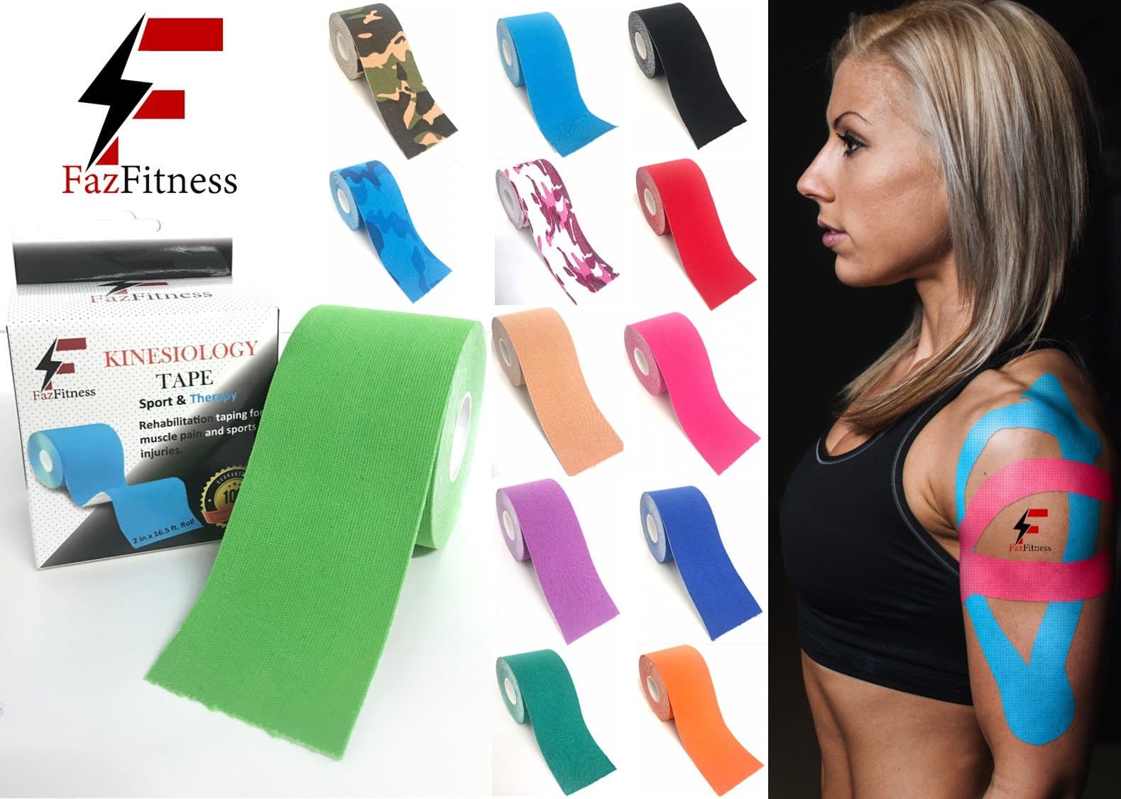 Kinesiology Tape - FazFitness - Muscle Support Tape - Waterproof Technology & Adhesion, Latex Free, Sports Tape - Physio Therapeutic Aid - 5cm x 5m Roll (Uncut) - All 15 Colours Available - Option of 1 Pack or 2 Packs