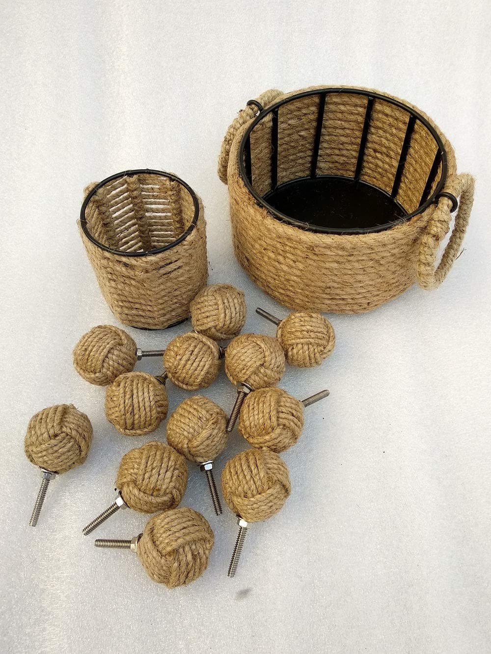 Set of 3, Jute Rope Door Knobs with Basket & Pen Holder/Rope Knot Drawer Pulls and Knobs/Pull and Push Handle Knobs for Cabinets, Wardrobes & Cupboards/Nautical Hardware Decor, Knobs # 47 mm,