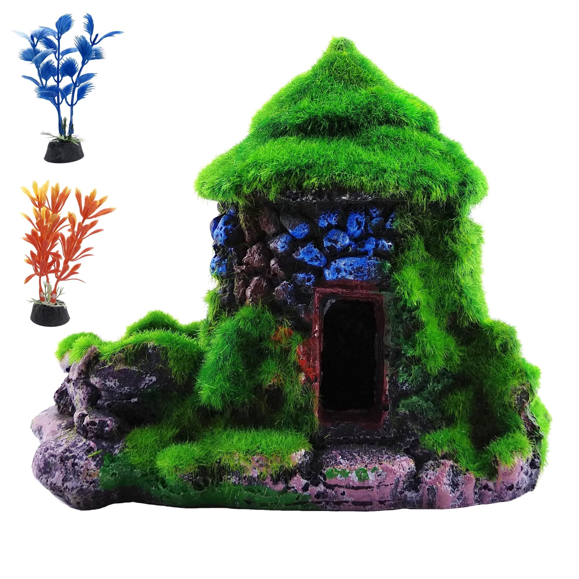 M2cbridge Aquarium Decorations Fish Hideout House Betta Cave with Green Lifelike Moss (Style 1)