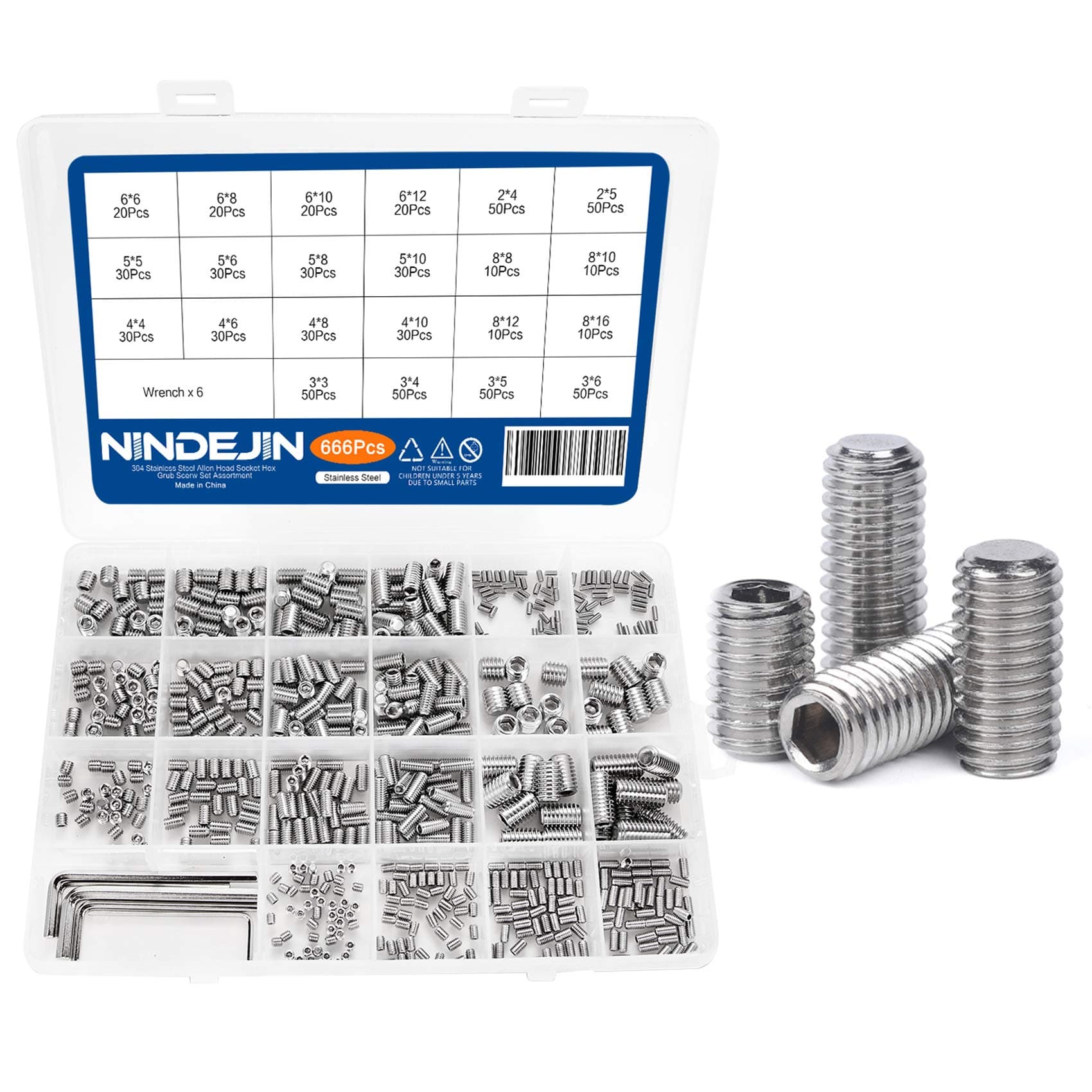 NINDEJIN Set Screws - M2,M3,M4,M5,M6,M8 Metric Hex Flat Grub Set Screw, 304 Stainless Steel - 660 pcs with 6 Allen Keys Assortment Kit - Ideal for Home Repairs Bathroom Fixtures