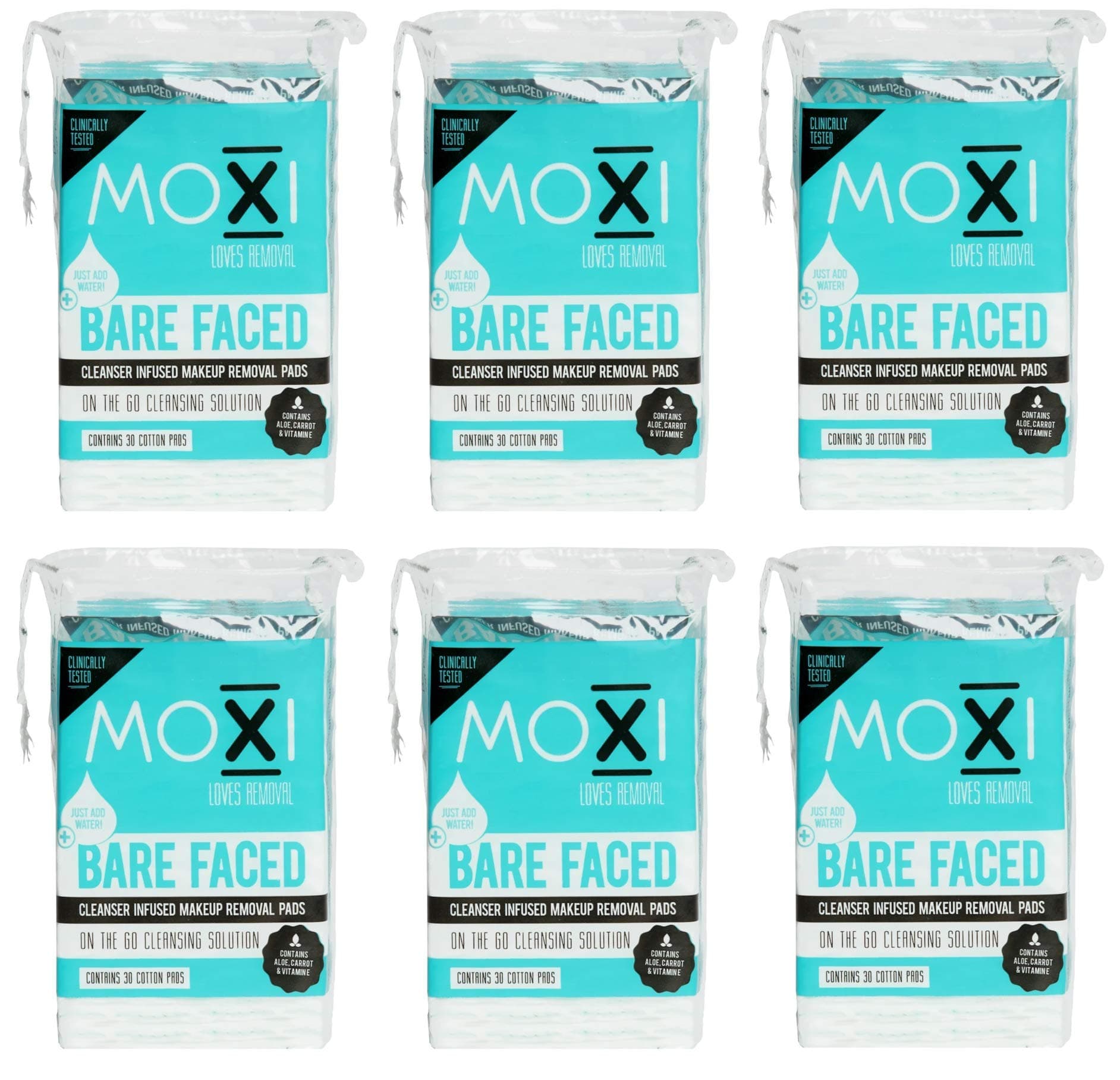 Moxi Loves BAREFACED Cleanser, Infused Makeup Removal Pads 6 pack