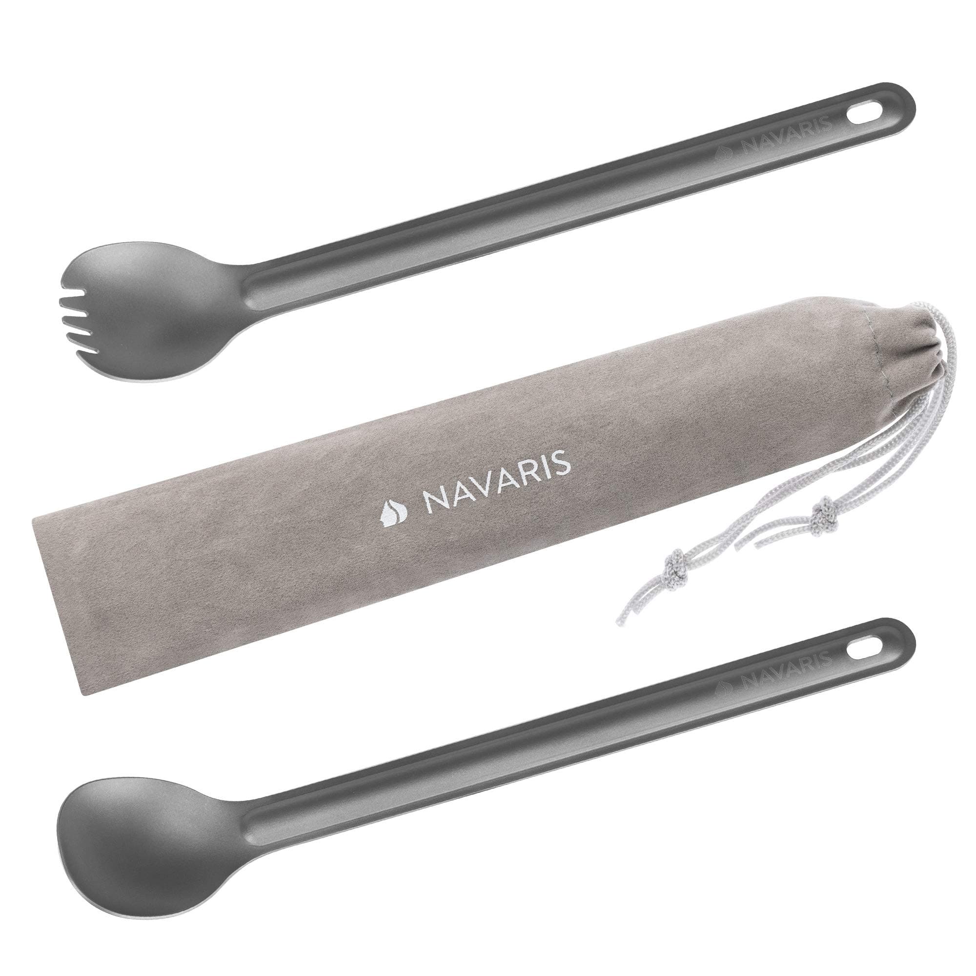 Navaris Camping Cutlery Set of 2 Extra Long Camping Cutlery with 1 Fork Spoon and 1 Spoon in Titanium – Georgette Hiking Picnic