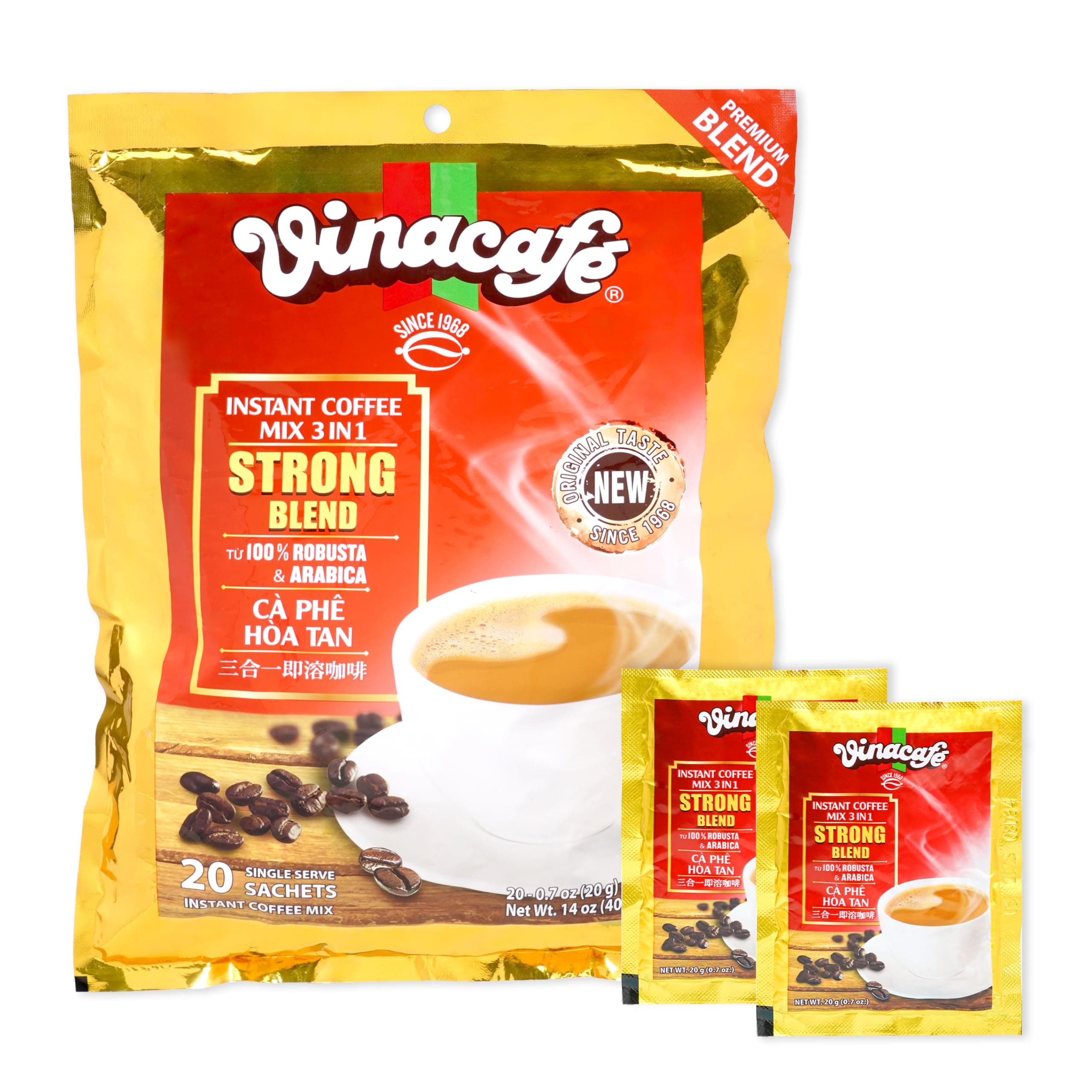 Vinacafe 20 cts 3 in 1 Vietnamese Instant Coffee Gold Red Strong Rich Blend, 20 Sachets (Single)