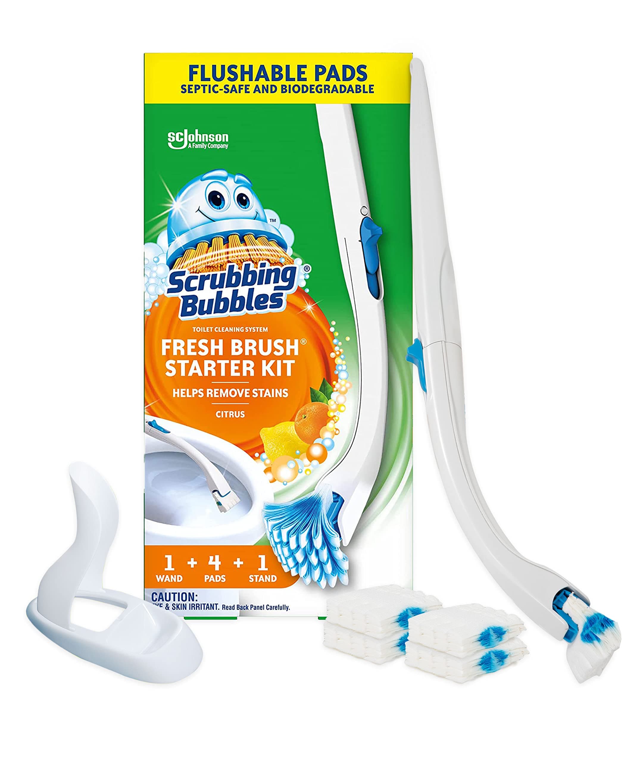 Toilet Bowl Cleaning System with Flushable & Disposable Cleaner Refill Pads, Fights Odors and Helps Remove Limescale & Hard Water Stains, Citrus Scent, 1 Wand + 4 Refills + 1 Stand