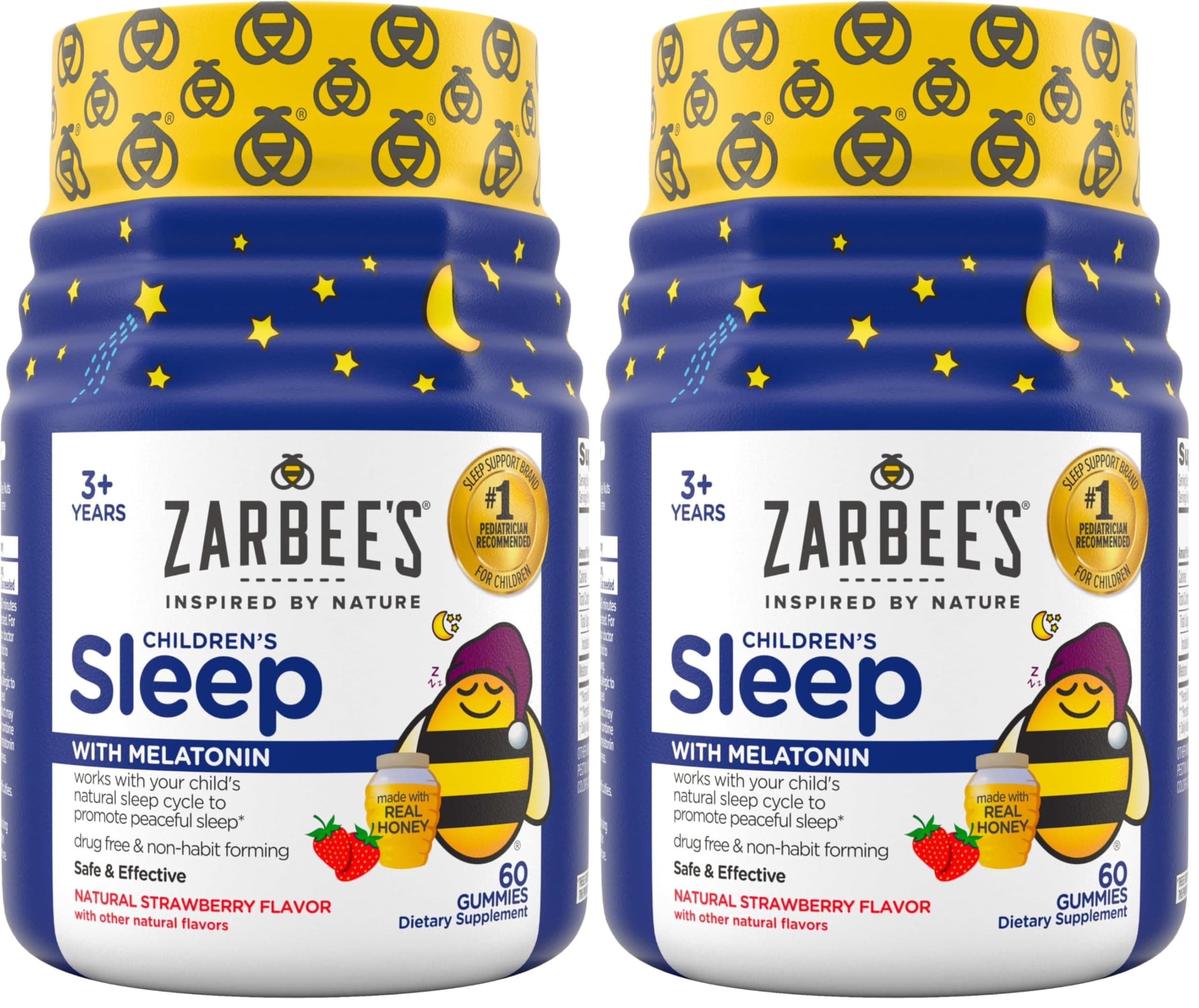 Zarbee's Children's Sleep Gummies with Melatonin, Non-Habit Forming Children's Sleep Gummies Work with Natural Sleep Cycles to Promote Peaceful Sleep, Drug-Free, Natural Strawberry, 60 ct (Pack of 2)