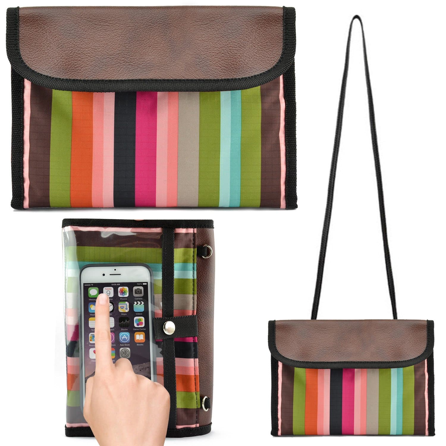 caseen Mid-Century Modern Stripe Smart Purse Shoulder Bag Pouch w/ Clear View Smartphone Case Pocket Window for Apple iPhone 6 Plus 6 5S 5C 5 4S 4, Samsung Galaxy S6 S6 Edge S5 S4 S3 Note 4 3 2, Nexus 6 5 4, Moto X G E, LG G4 G3 G2, HTC One M9 EYE M8 [Fits Most Smartphones Up To 7” x 4” Inch]