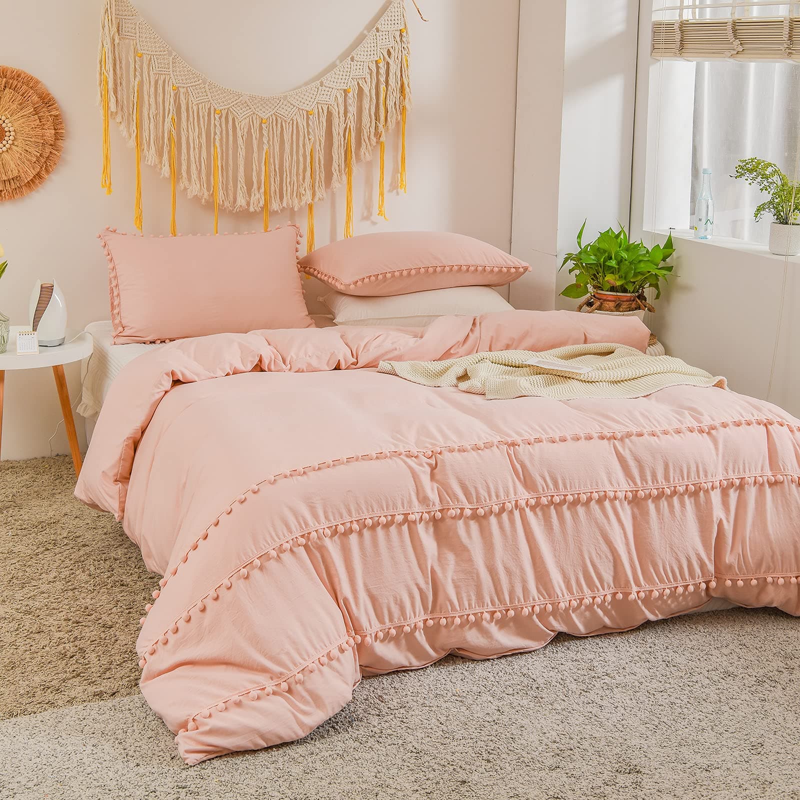 Herside Pink Duvet Cover Set Pom Poms Bedding Sets Pom Poms Decor Soft Microfibre Boho Quilt Cover Single with 1 Pillowcase (Pink), UK Single