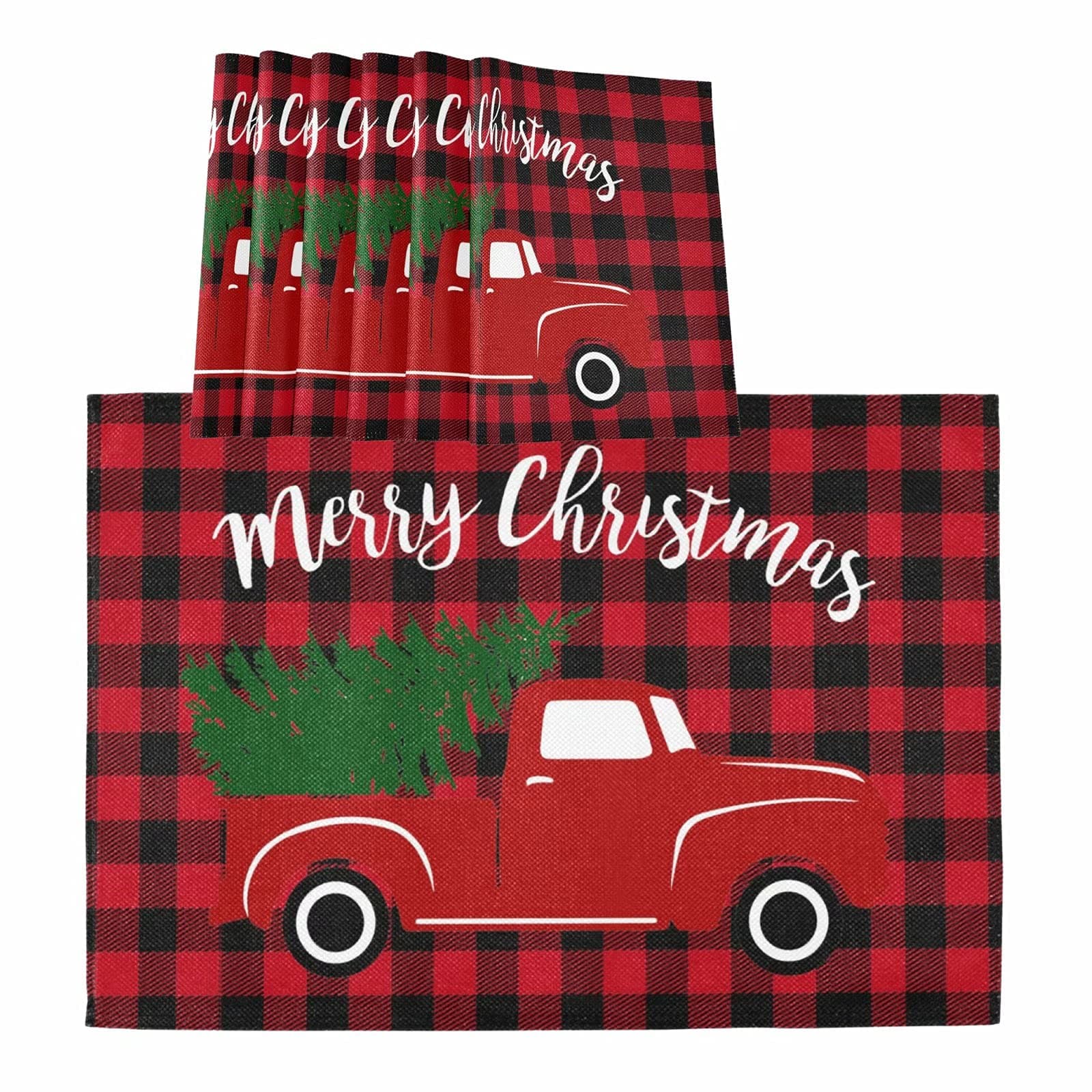 Wamika Merry Christmas Tree Red Truck Placemats Set of 4 Table Mat Winter Snowman Buffalo Plaid Place Mat Double-Sided Print 12" x 18" Dining Home Kitchen Xmas Table Decoration