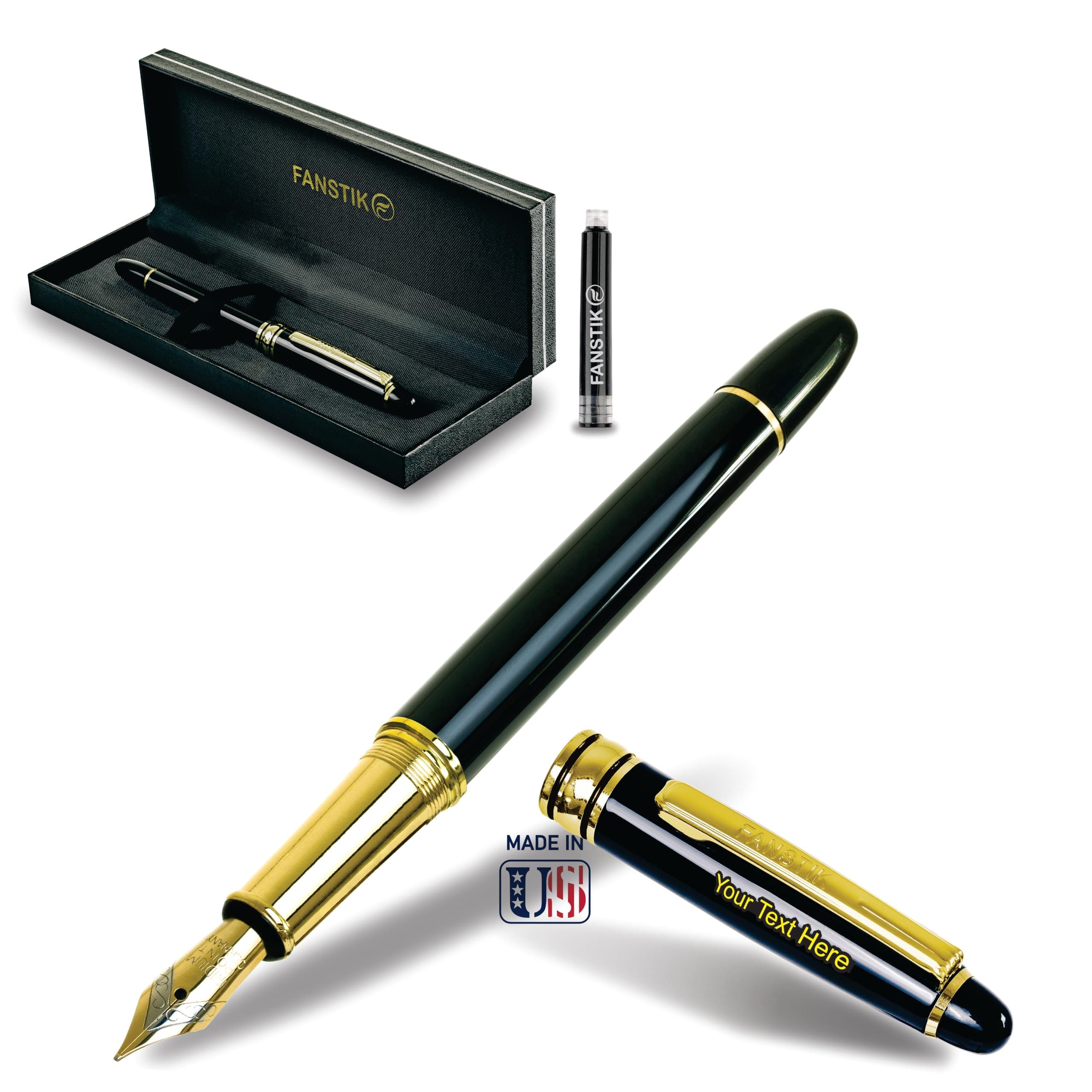 Customized Fountain pen with name (MADE IN USA), stainless steel, black and gold, luxury engraved pen personalized for men and for women. (Fountain Black-Gold)