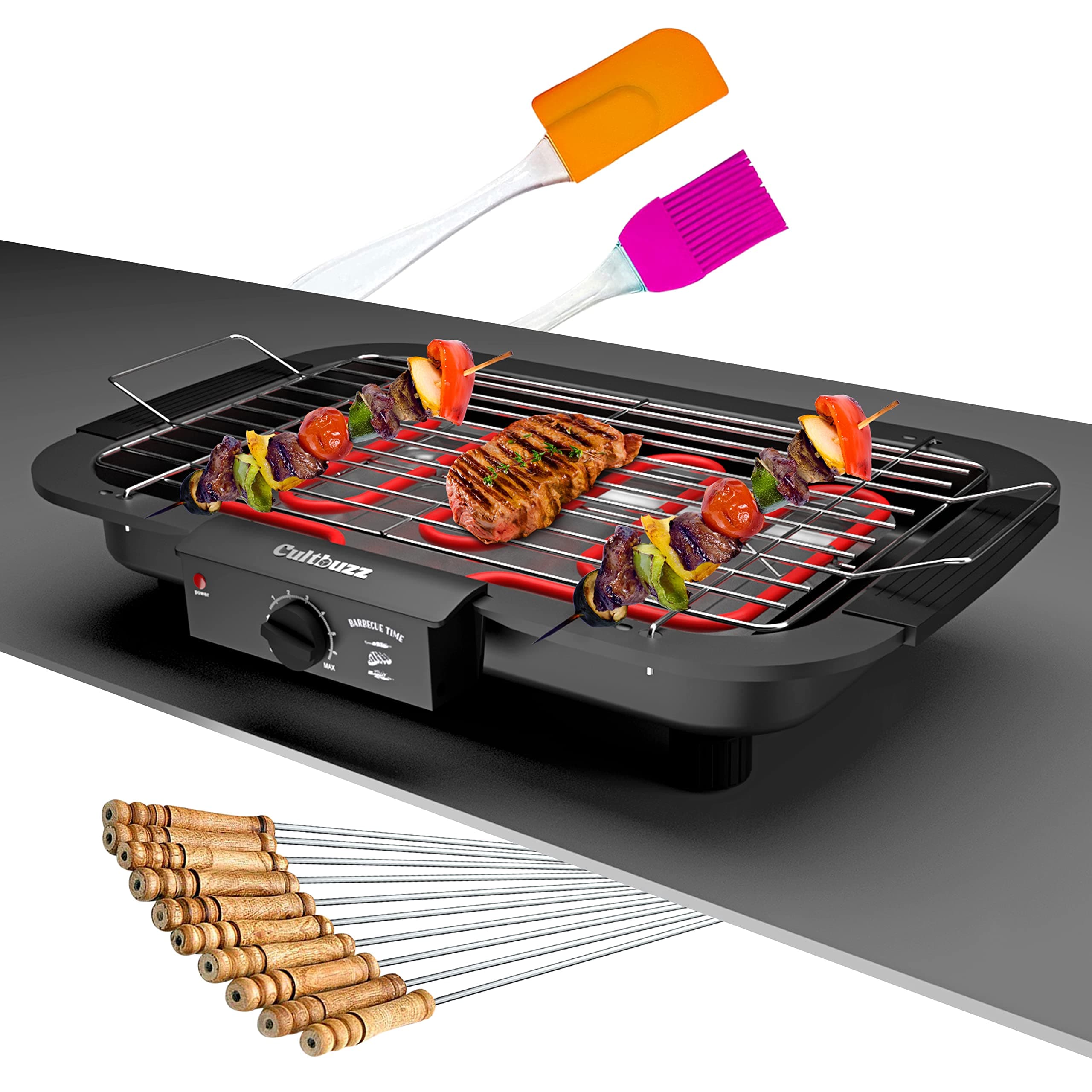 2000 Watt Electric Barbecue Grill Smokeless Portable Adjustable Temperature Indoor And Outdoor Barbeque Grill For Home Removable Water Filled Drip Tray (Bbq With Stick Spatula) - Multicolor