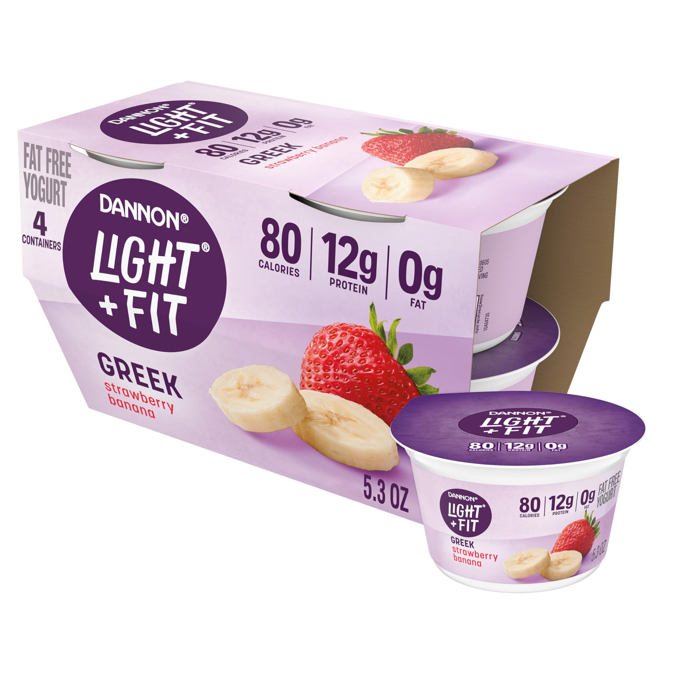 Dannon Light + Fit Strawberry Banana Greek Fat Free Yogurt, Creamy and Delicious Gluten Free Yogurt, 4 Ct, 5.3 OZ Yogurt Cups