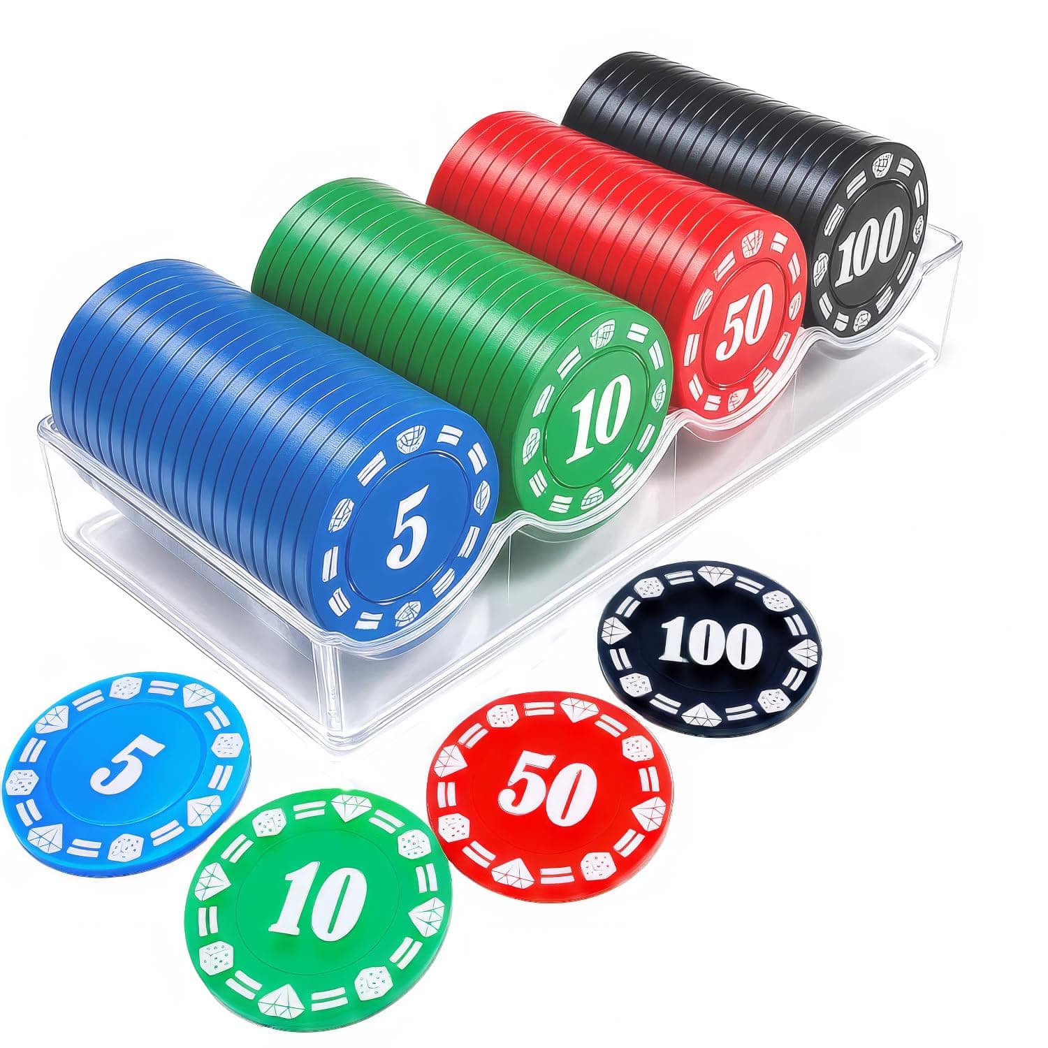 Plastic Poker Chips Set of 100 Pcs with Storage Box,Denomination Printed Casino Style Chip for Texas Home Game Holdem Poker Nights,Blackjack,Roulette Games