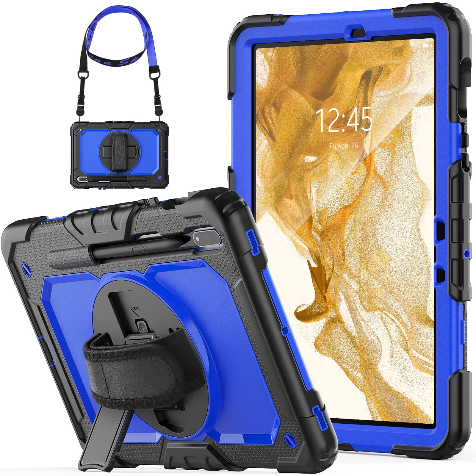 SEYMCYShockproof Case for Samsung Galaxy Tab S8 S7 11 inch 2022/2020 Heavy Duty Protective with Rotating Hand Strap Stand [Pen Holder] Screen Protector, Samsung Tab S8/S7 Tablet 11 Case - Black/Blue