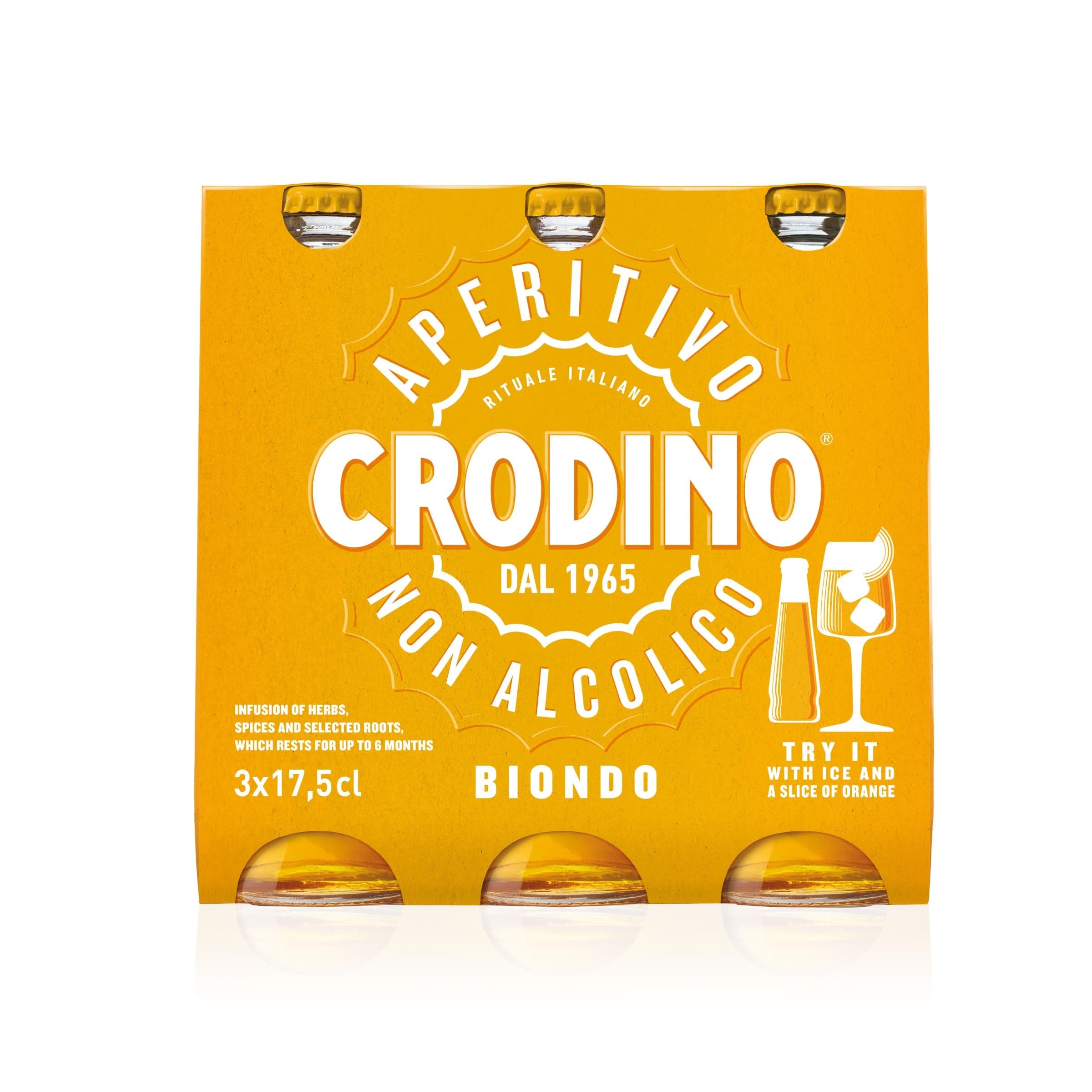Crodino 1965 Aperitivo (Non-Alcoholic), 3 x 175ml - The sparkling and golden non-alcoholic aperitivo with a unique, bittersweet flavour.