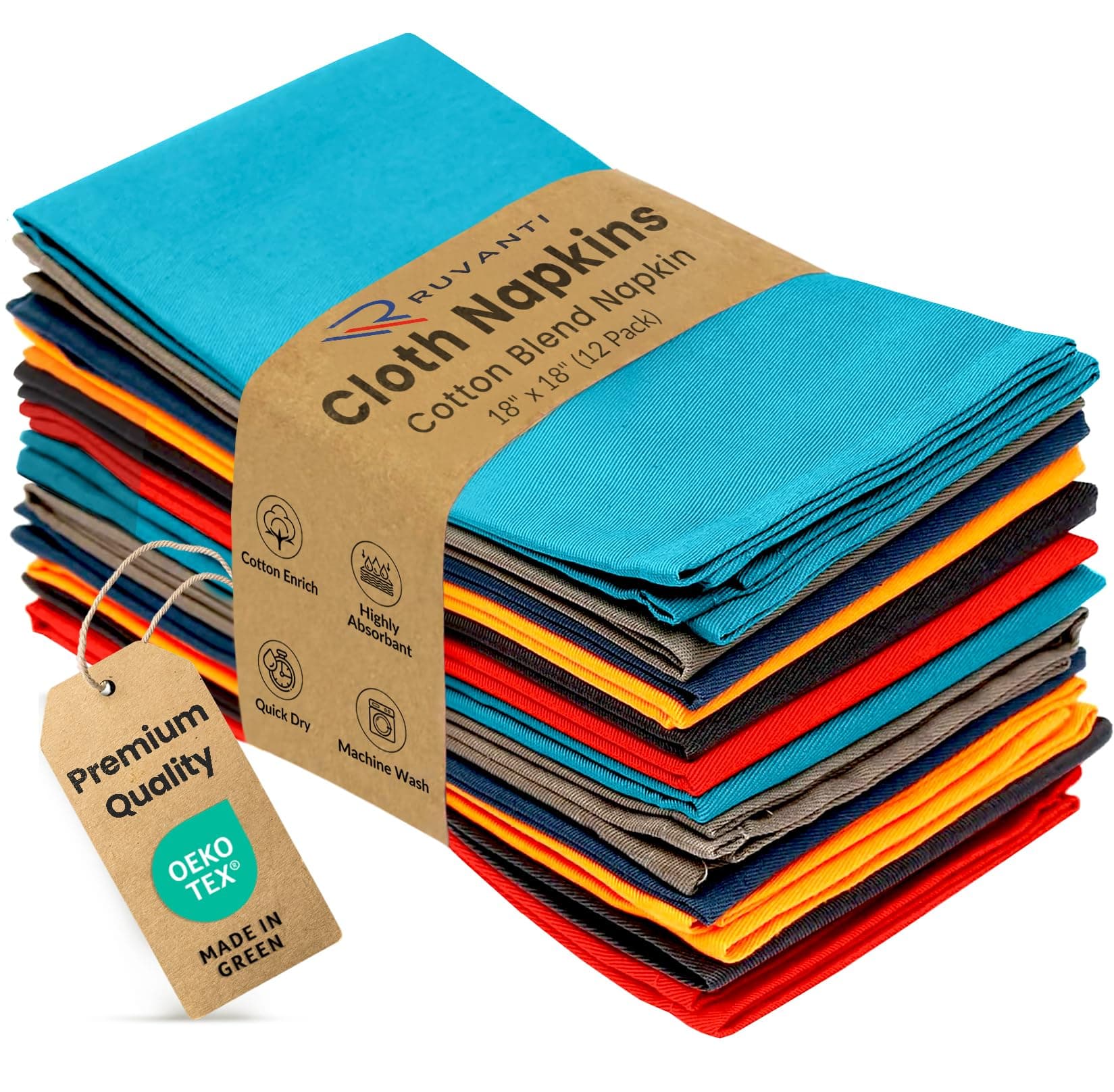 - Ruvanti Cloth Napkins Set of 12, 18x18 Inches Napkins Cloth Washable, Soft, Durable, Absorbent, Cotton Blend. Table Dinner Napkins Cloth for Hotel, Christmas, Dinner, Parties - Multi Color