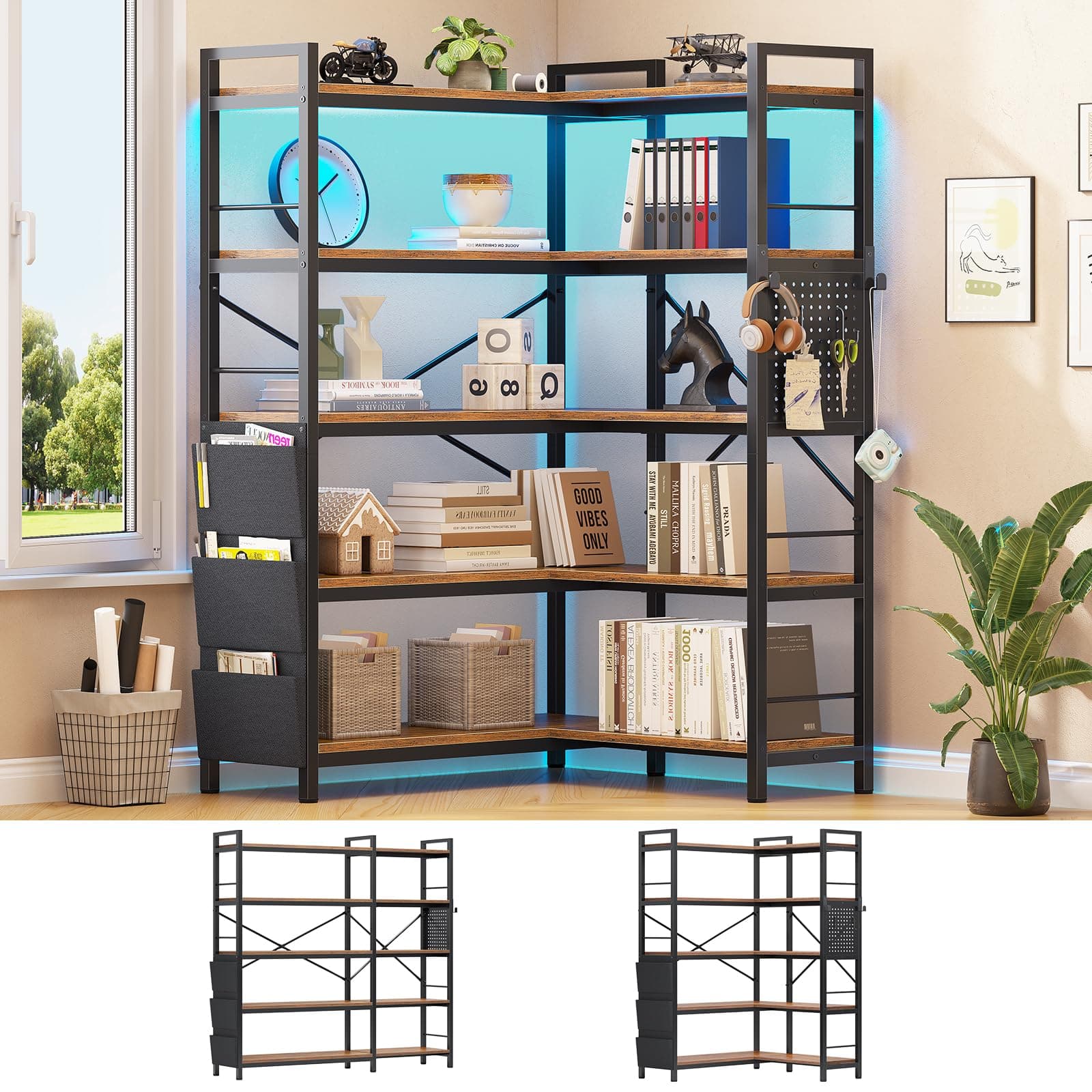 SEDETA 5 Tier Corner Bookshelf, Modern Corner Bookcase, Convertible Bookshelf with Storage Bag, Pegboard & LED Light, Tall Bookshelves for Bedroom, Living Room and Home Office, Rustic Brown