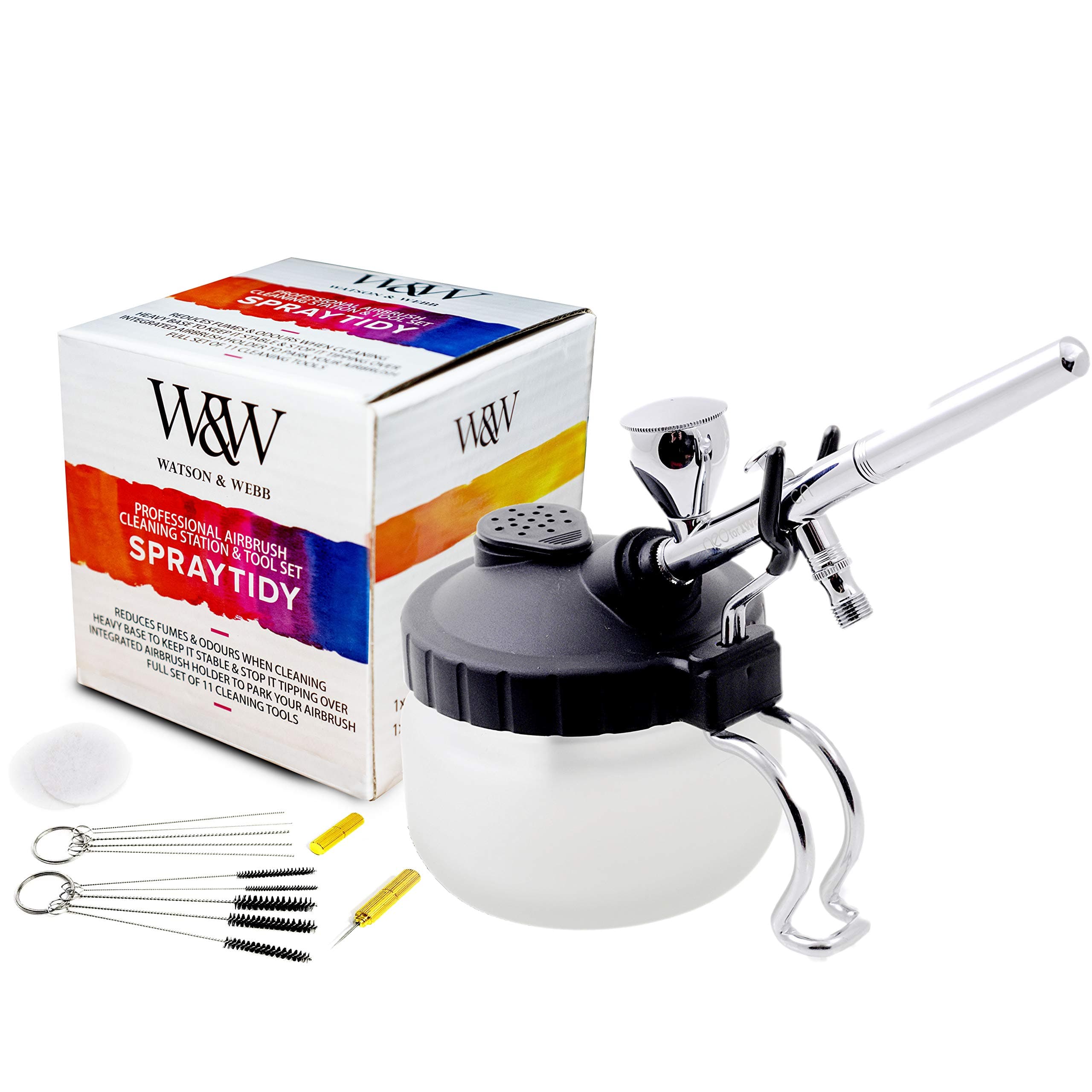 Watson & Webb Airbrush Cleaning Kit - Glass Cleaning Pot Jar with Holder, 5 pc Cleaning Needles, 5 pc Cleaning Brushes, 1 Wash Needle