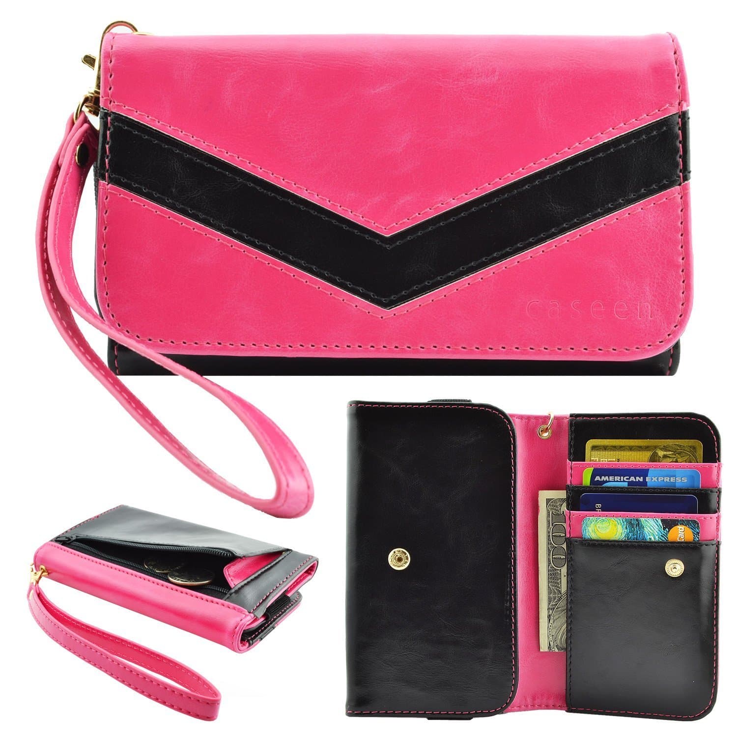 caseen ViVi Women's Smartphone Wallet Clutch Wristlet Case (Pink/Black) for HTC One remix, Desire 612, KYOCERA Brigadier, Nokia Lumia 928, Blackberry Q10, Z10, Z30, Bold 9930, LG Enact