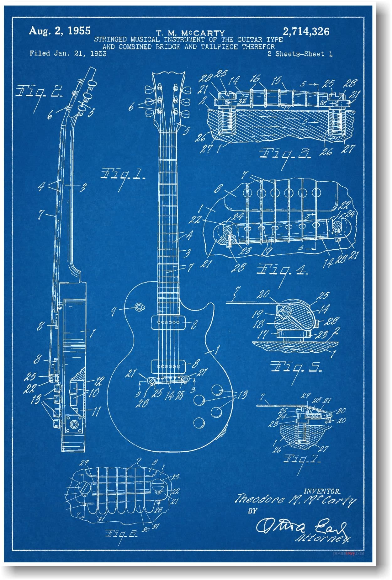 Gibson Les Paul Guitar Patent - NEW Famous Invention Blueprint Poster