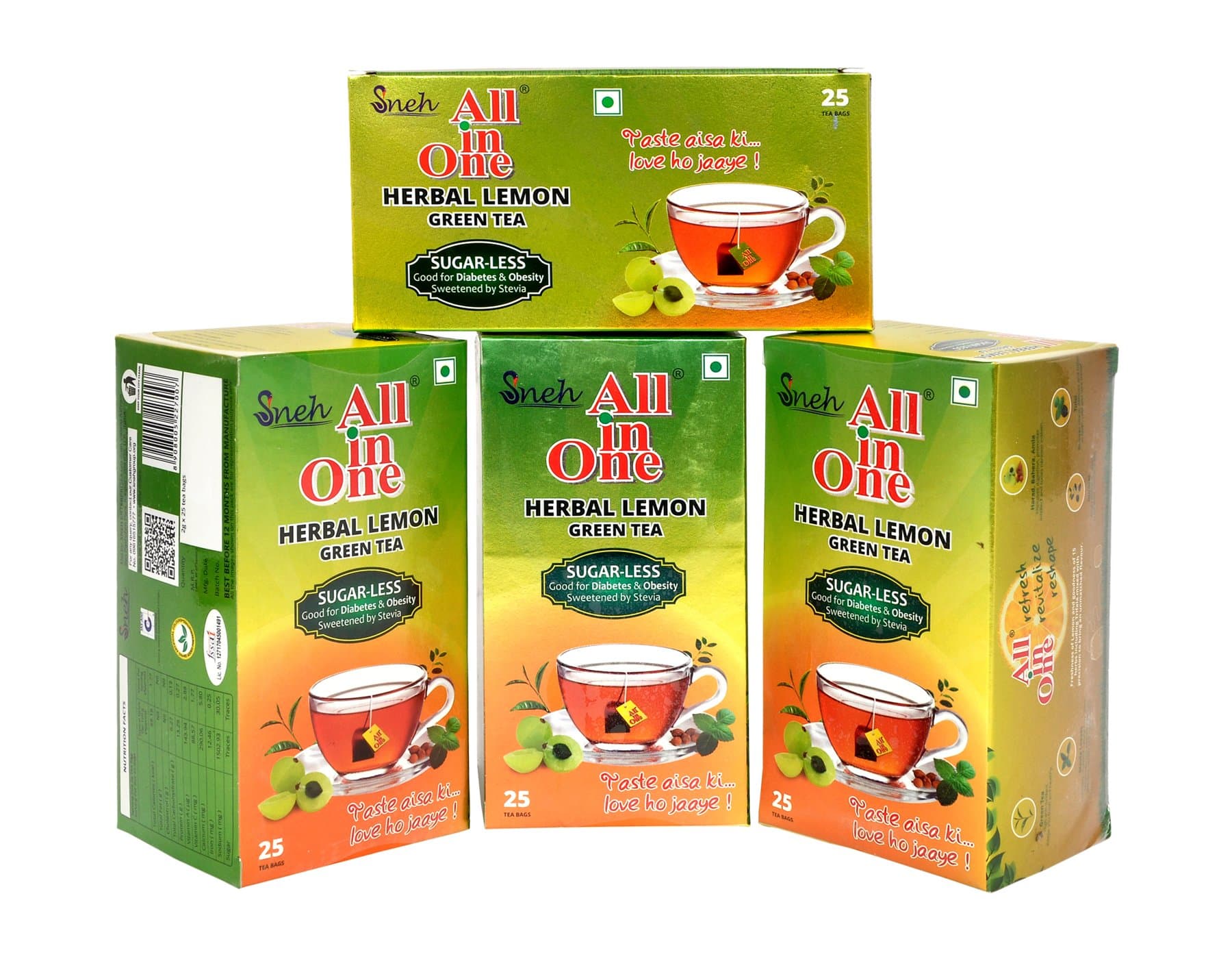All in One Herbal Lemon Green Tea Sugar Less (100 Tea Bag)- Pack Of 4, 700 grams