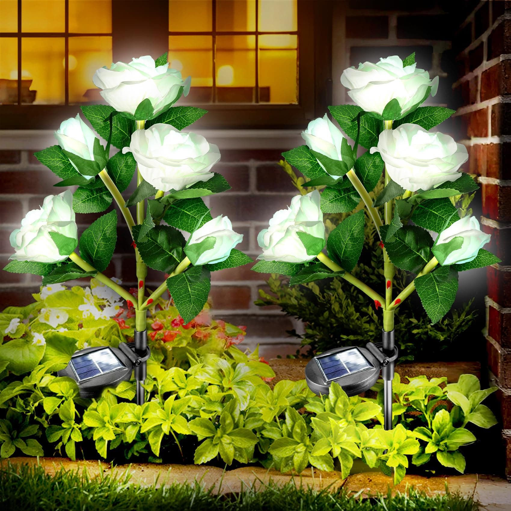 Anordsem Solar Garden Lights Outdoor: 10 Waterproof Fabric Roses 2 Pack - White LED Flower Decorations for Yard Patio Path Cemetery Grave - Mother's Day Gifts for Her Women Mom Wife
