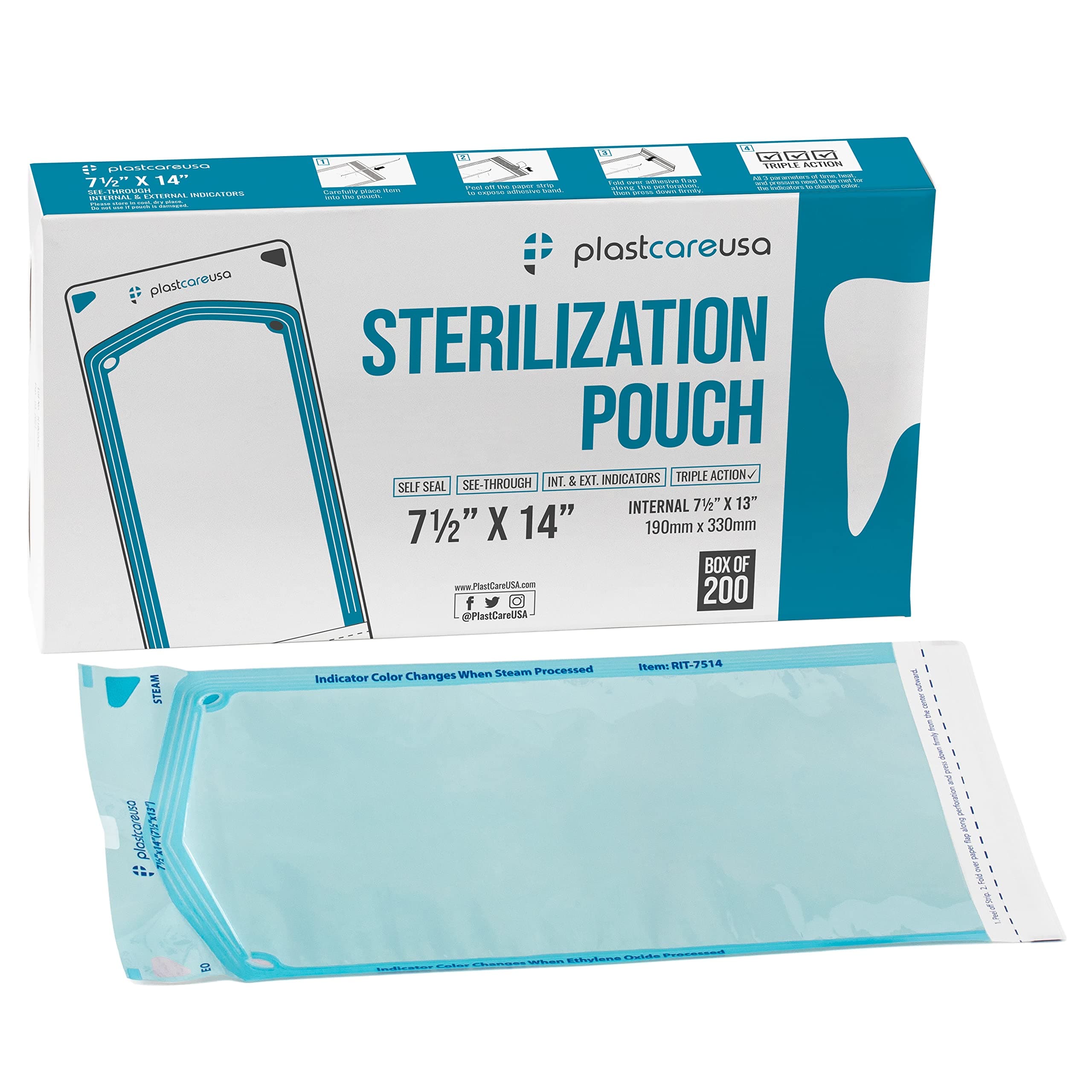 PlastCare USA 200 7.5" X 13" Self-Sterilization Pouches for Dental Offices, Autoclave Sterilizer Bags Pouch for Dentist Tools, for Cleaning Tools, 200 Pouches/Box Measuring 7.5" by 13" (1 Box of Paper