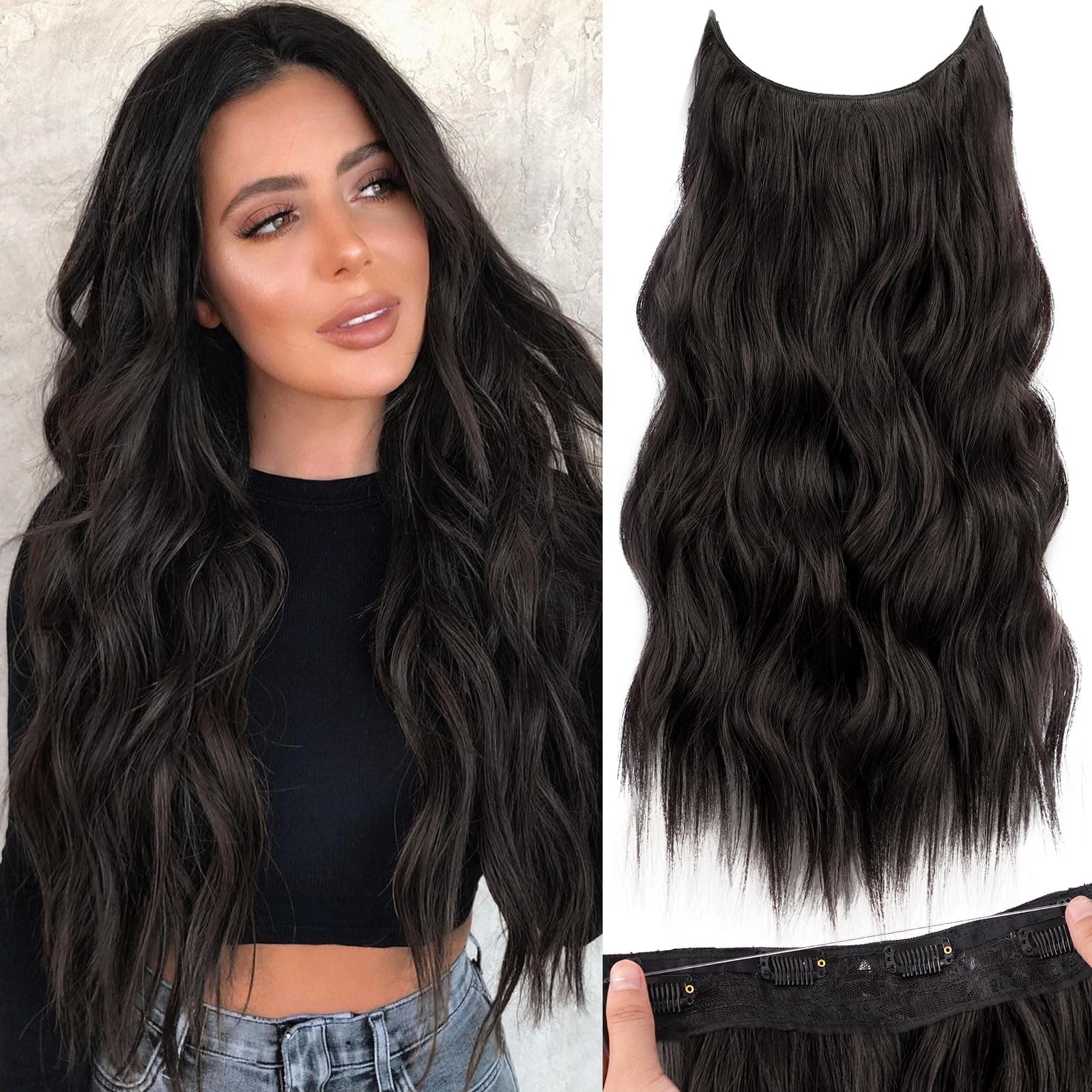 Invisible Wire Hair Extensions with Transparent Wire Adjustable Size 4 Secure Clips Long Wavy Secret Synthetic Hairpiece 20 Inch 120g Rich Dark Brown with Warm Tones for Women
