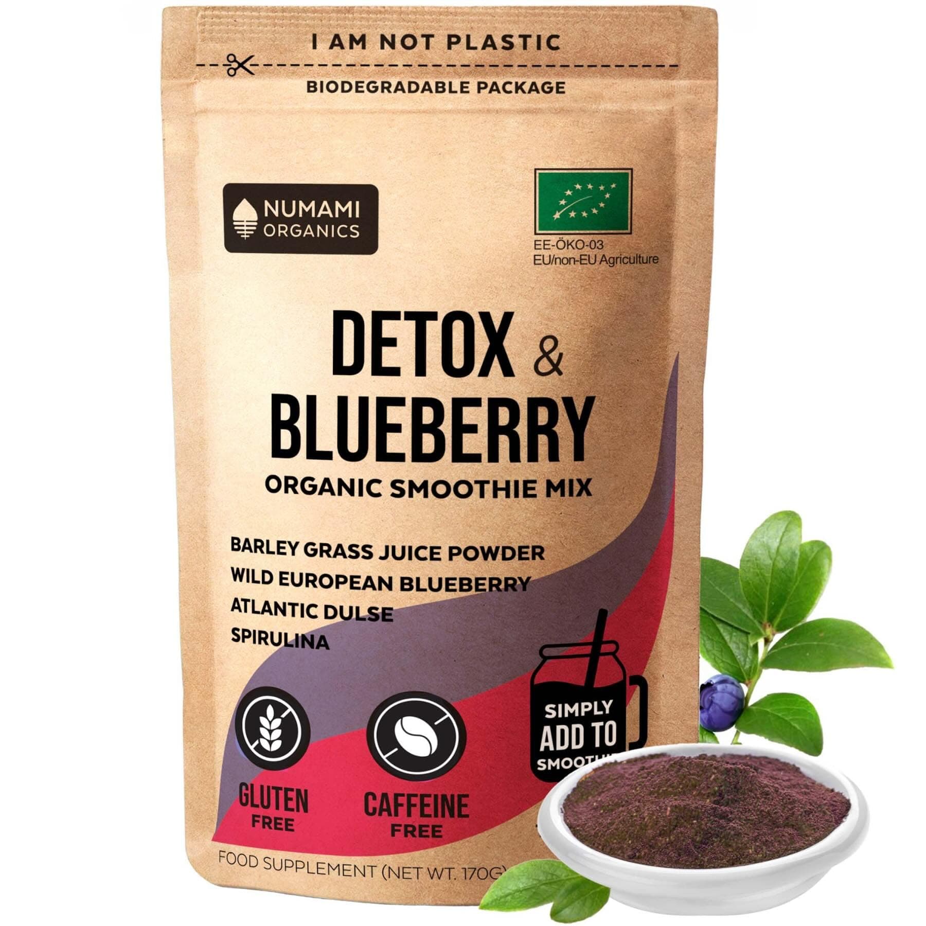 Numami Organic Detox Blueberry Smoothie Mix with Healthy Spirulina, Atlantic Dulse and Barley Grass Juice Powder, Premium Quality Superfood, 170g and 20 Servings
