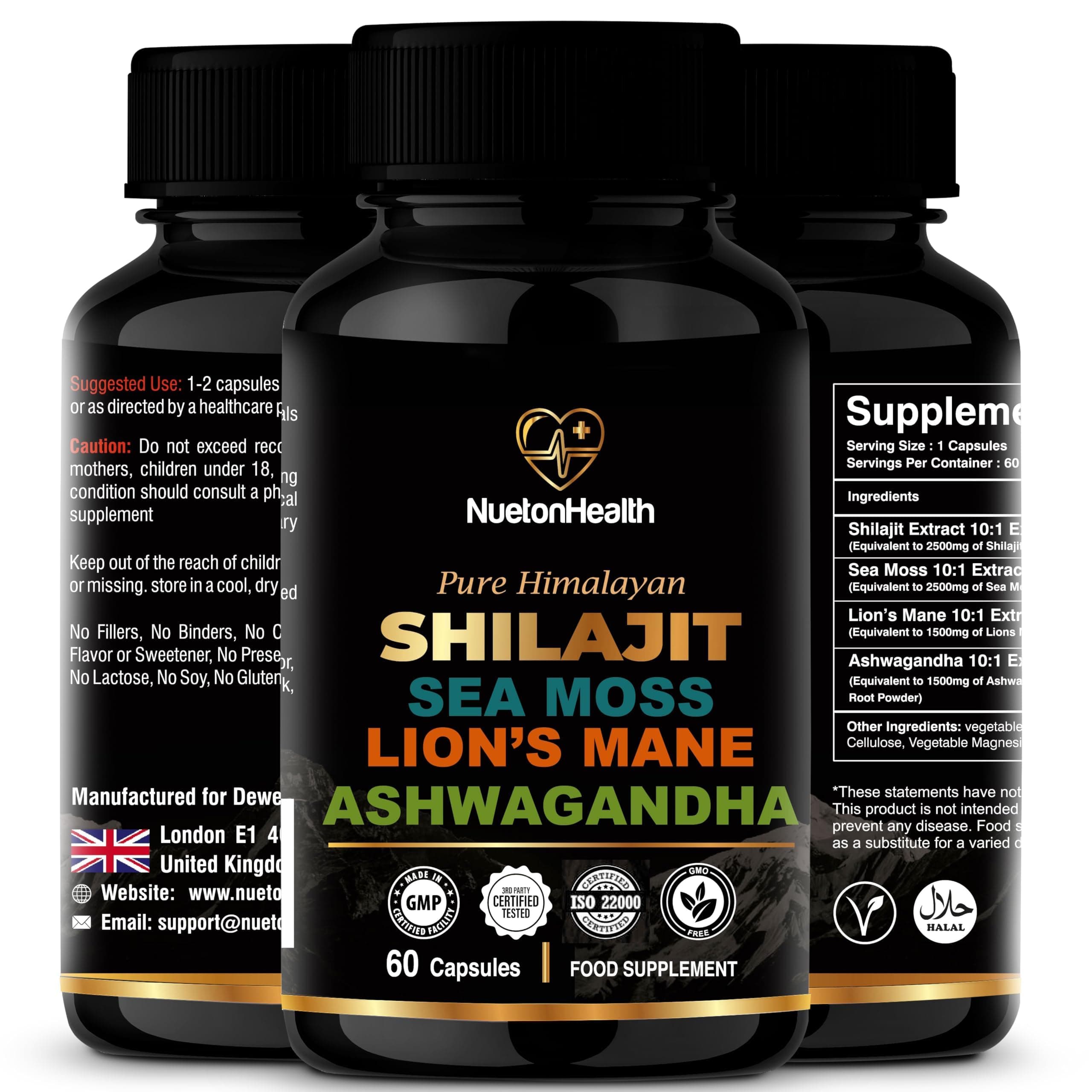 Shilajit, Sea Moss, Lion's Mane, and Ashwagandha Capsules - Comprehensive All-in-One Wellness Supplement for Mind, Body, and Vitality - 60 Vegan Capsules