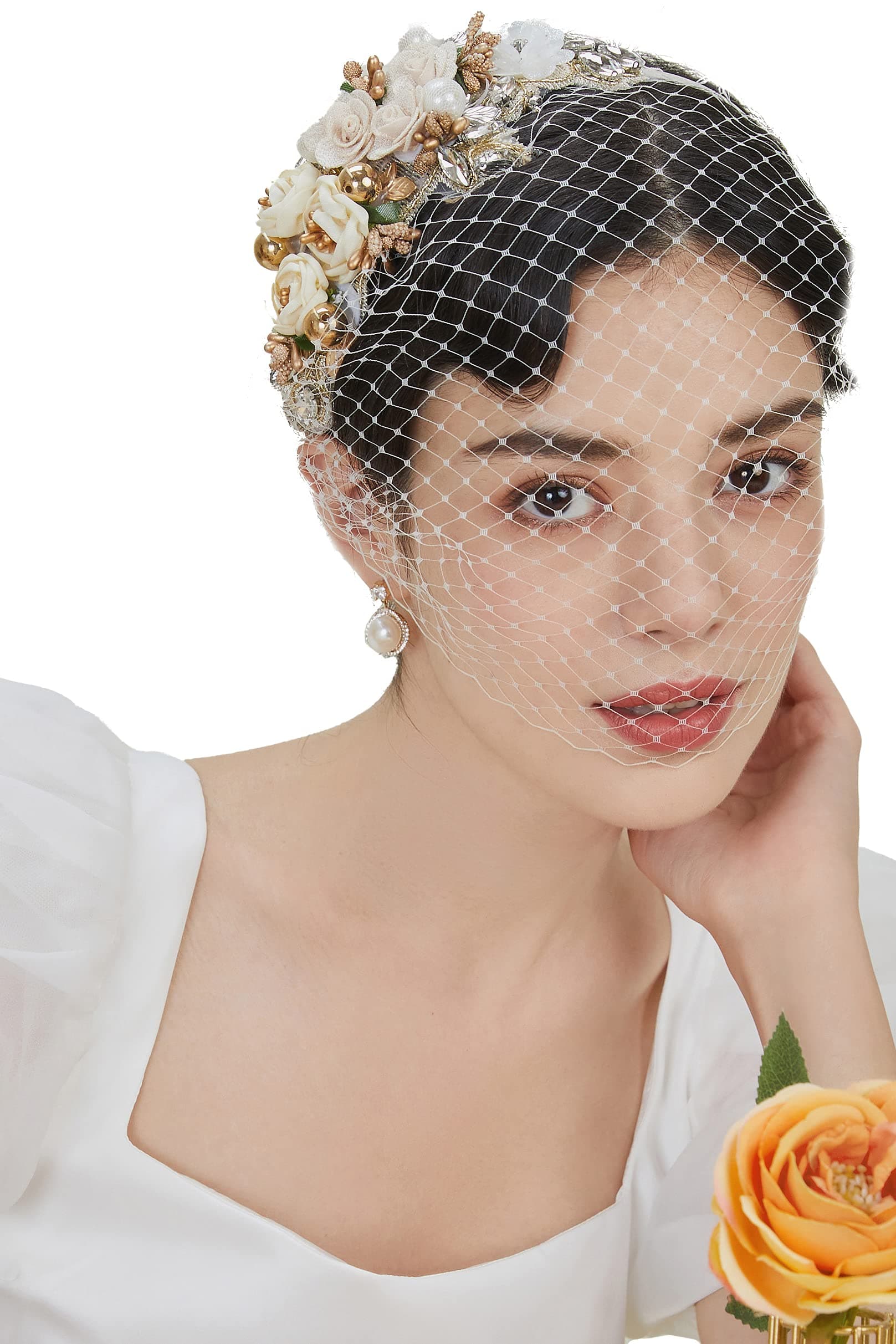 1920s Fascinator Mesh Flower Pearl Veil Headband Bridal Wedding Tea Party Fascinator Veil for Women