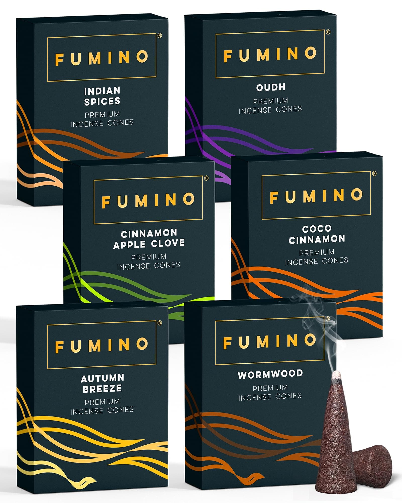 Incense Cones Fumino Fresh Multipack Fireside & Frost Bundle 6 Boxes 90 Pieces Masala Agarbatti Joss Fragrance for Relaxation and Meditation, Home and House Decor Scent