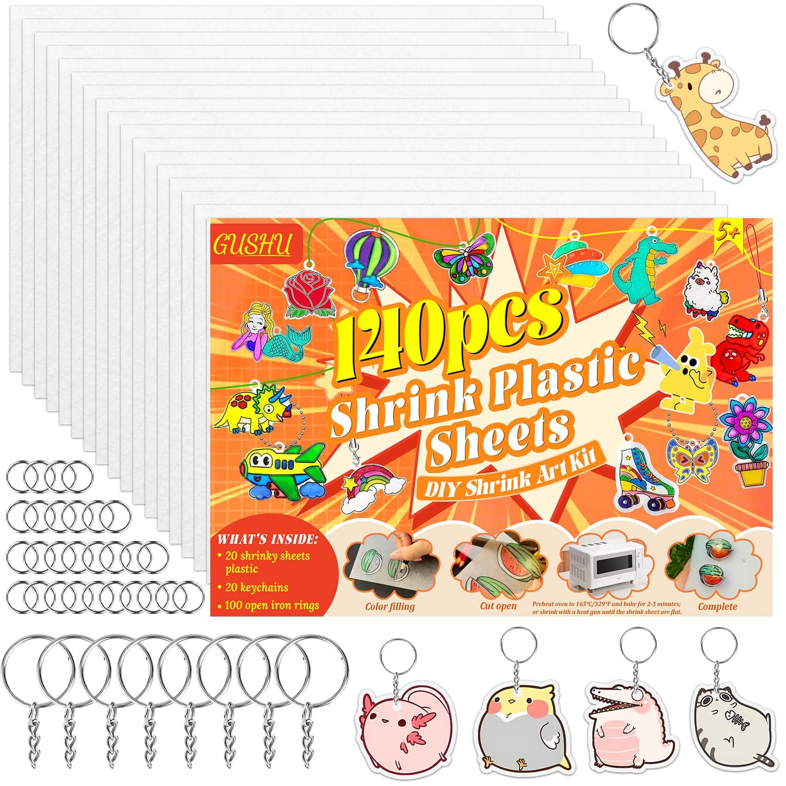 Gushu 140PCS Shrinky Plastic Sheets Kit, Shrink Paper Keychain Kit with 20PCS Shrink Paper 120PCS Keychains and Open Iron Ring for Kids Creative Craft Marking, Handprint Keychains