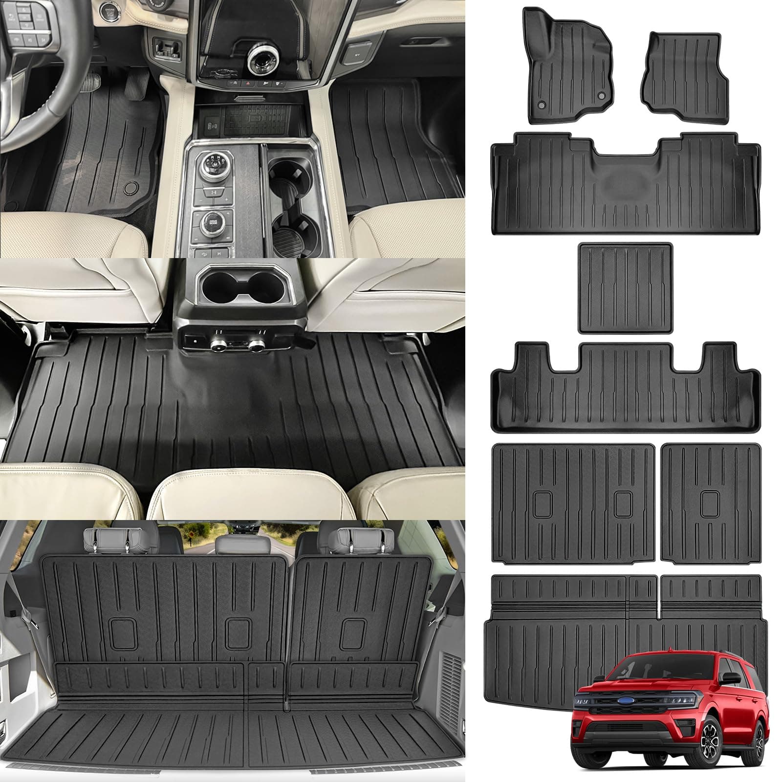 Cargo Mats & Floor Liner for 2018-2024 Ford Expedition 7 Seats(Not for Max), Rear 3rd Row Seat Back Cover Floor Trunk Liners for 18-24 Expedition 2 Row Bucket Seat