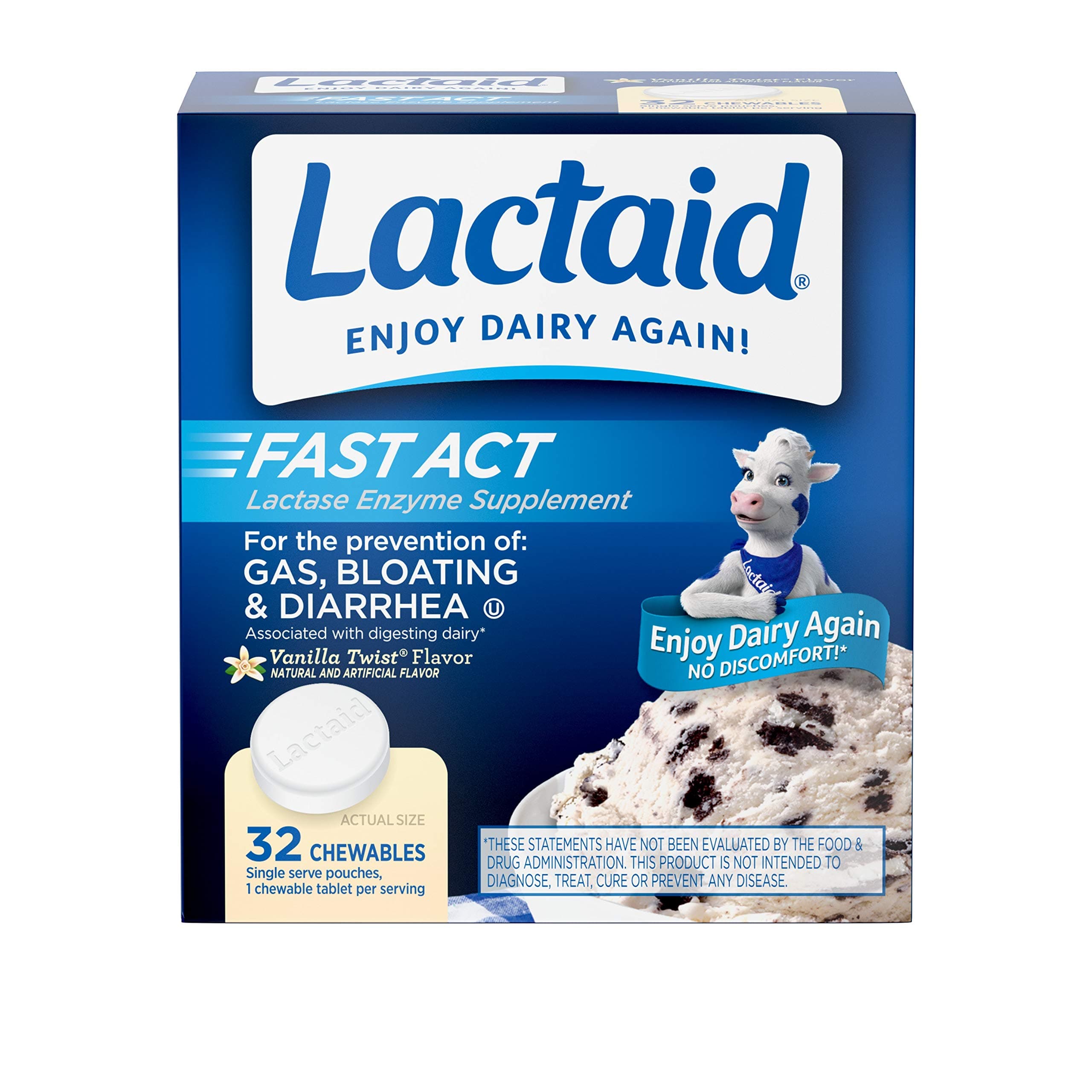 Lactaid Fast Act Lactose Intolerance Chewables with Lactase Enzymes, Vanilla, 32 x 1 ct