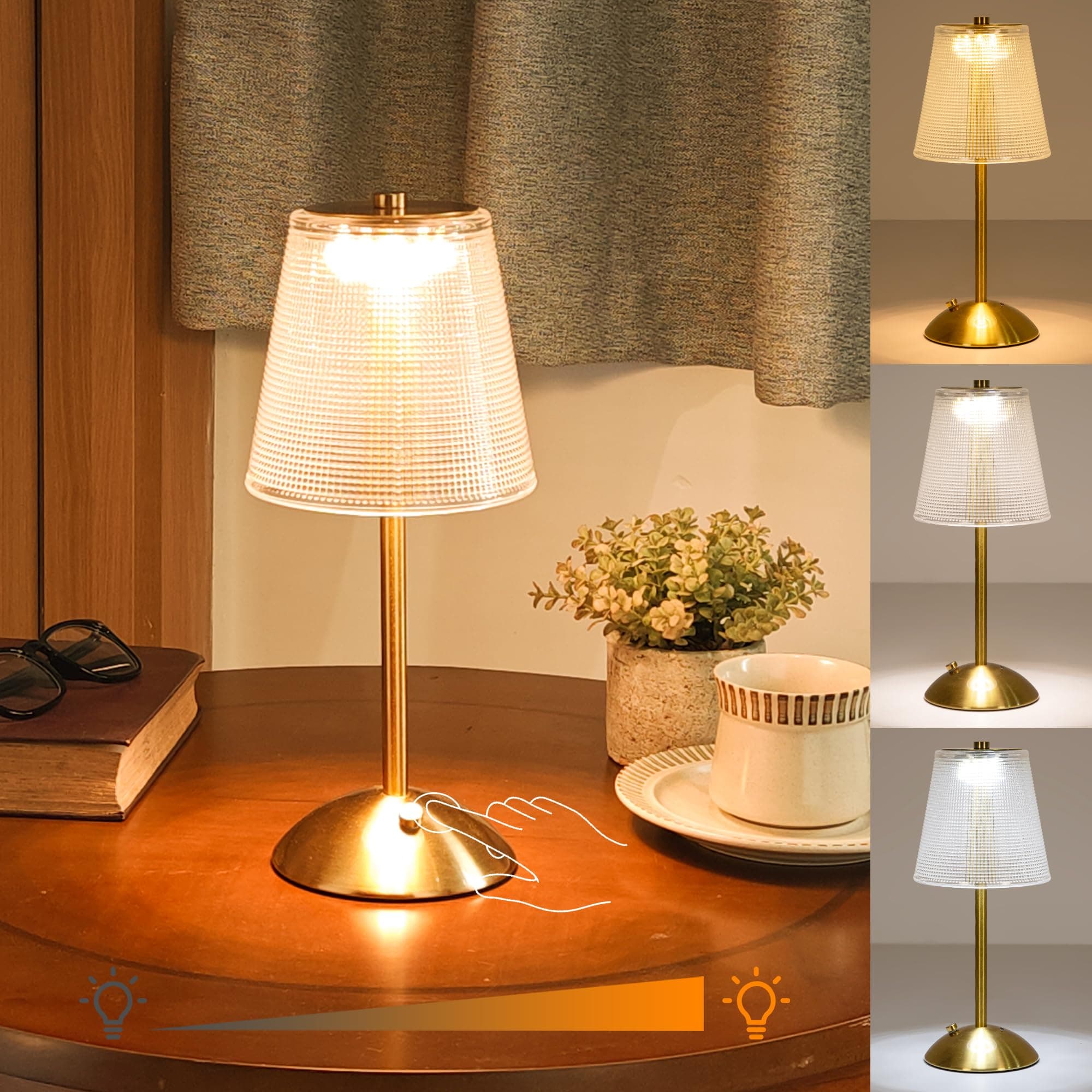 Cordless Table Lamp, Rechargeable Battery Operated Lamp, 3 Color Modes & Stepless Dimmable LED Touch Lamp, Portable Retro Gold Metal Beside Lamps for Home Desk Bedroom Restaurant Outdoor