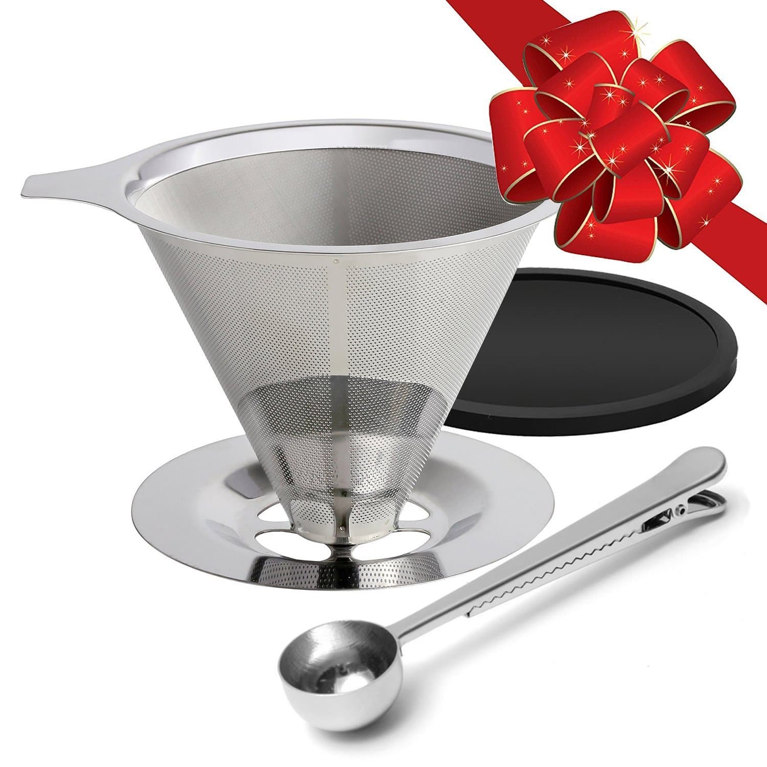 Stainless Steel Pour Over Coffee Cone Filter Dripper & Scoop & Coaster Set - ATKKE High Quality Reusable Paperless Double Mesh Coffee Maker for 1-4 Cups CF06