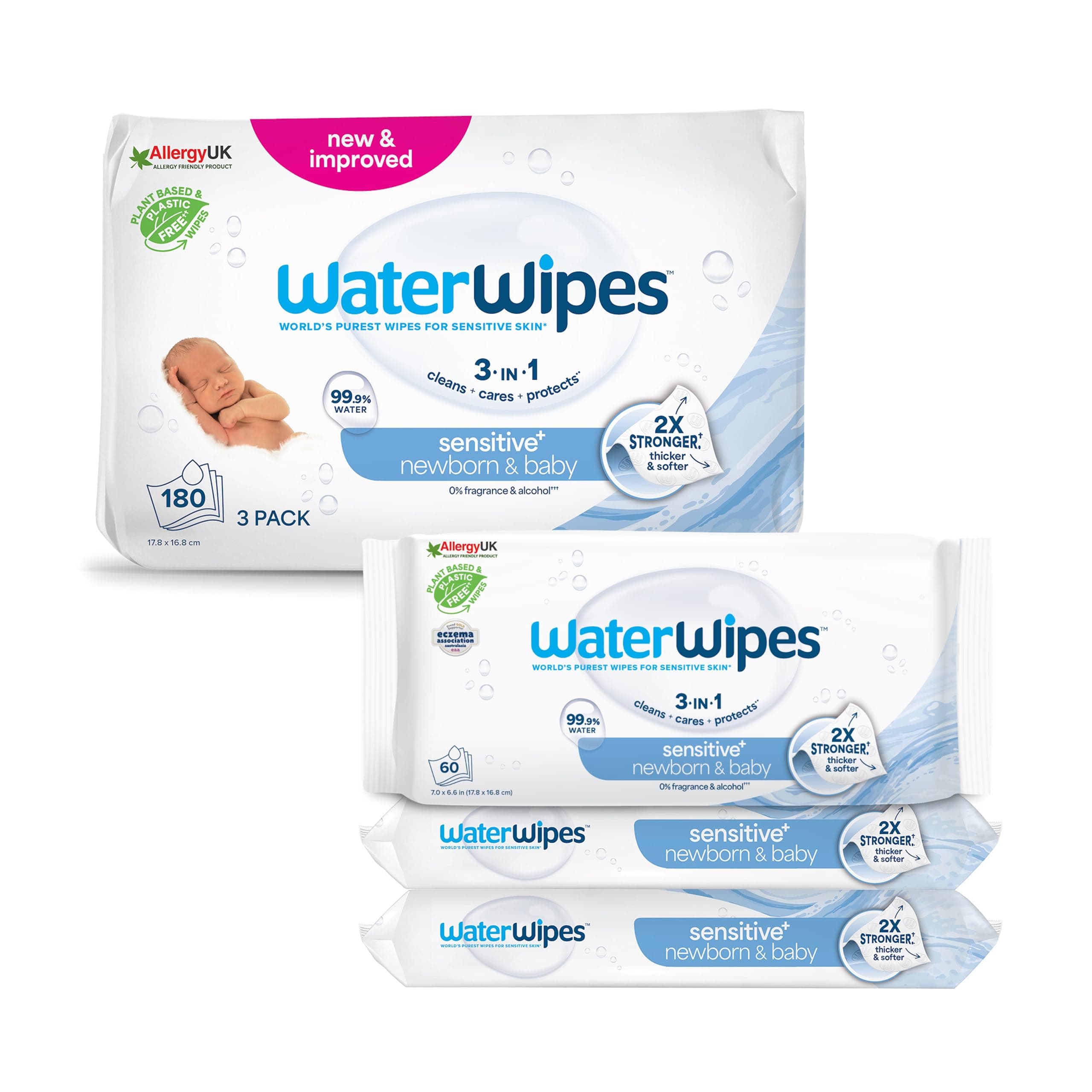 WaterWipes Sensitive+ Newborn & Baby Wipes, 180 Count (3 Packs), 3-In-1 Cleans, Cares, Protects, 99.9% Water, Unscented