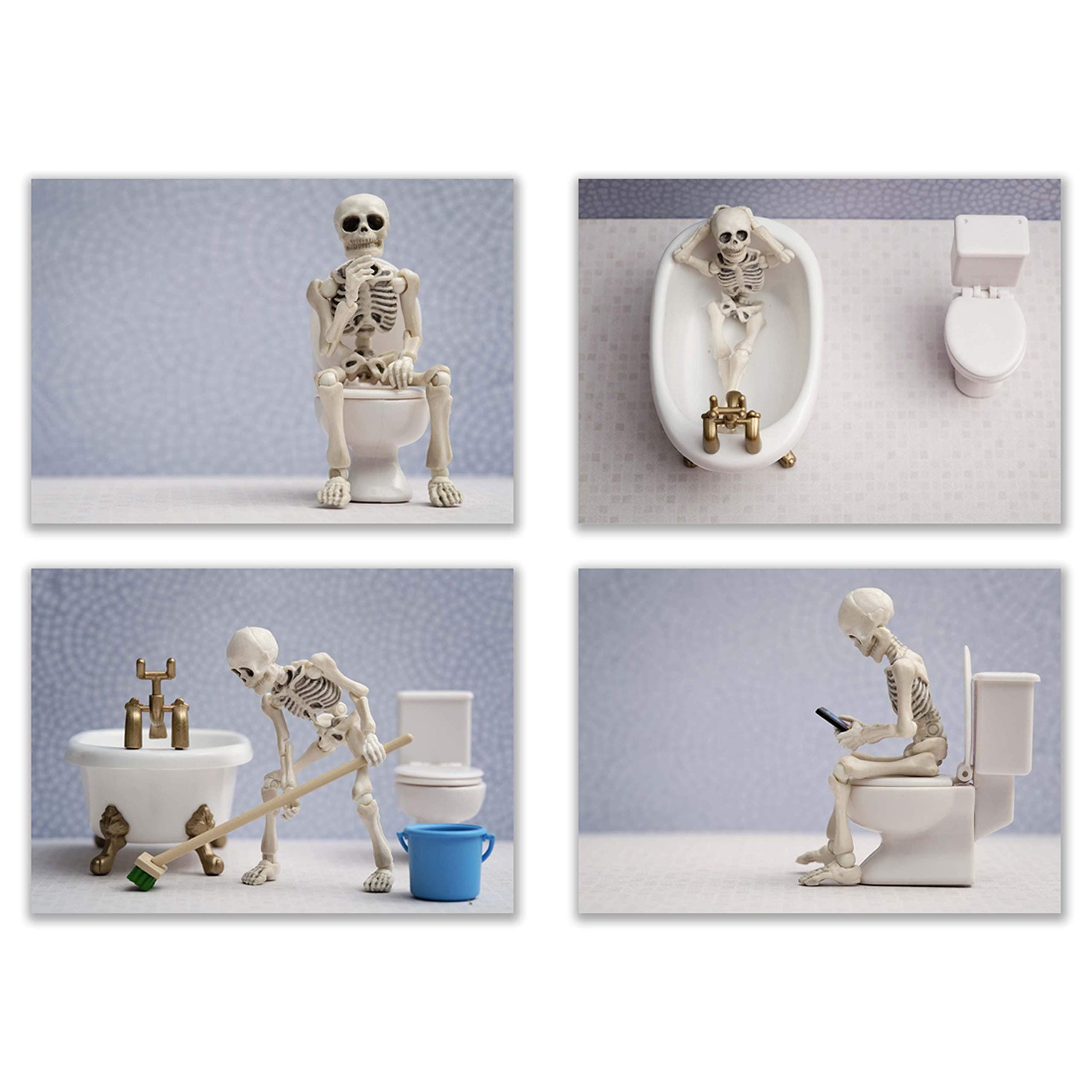 Summit Designs Skeleton On Toilet, Skeleton Bathroom Decor, Weird Wall Art, Wall Art, Bathroom, Picture, Pictures - Unframed Set of 4 (5x7) Prints
