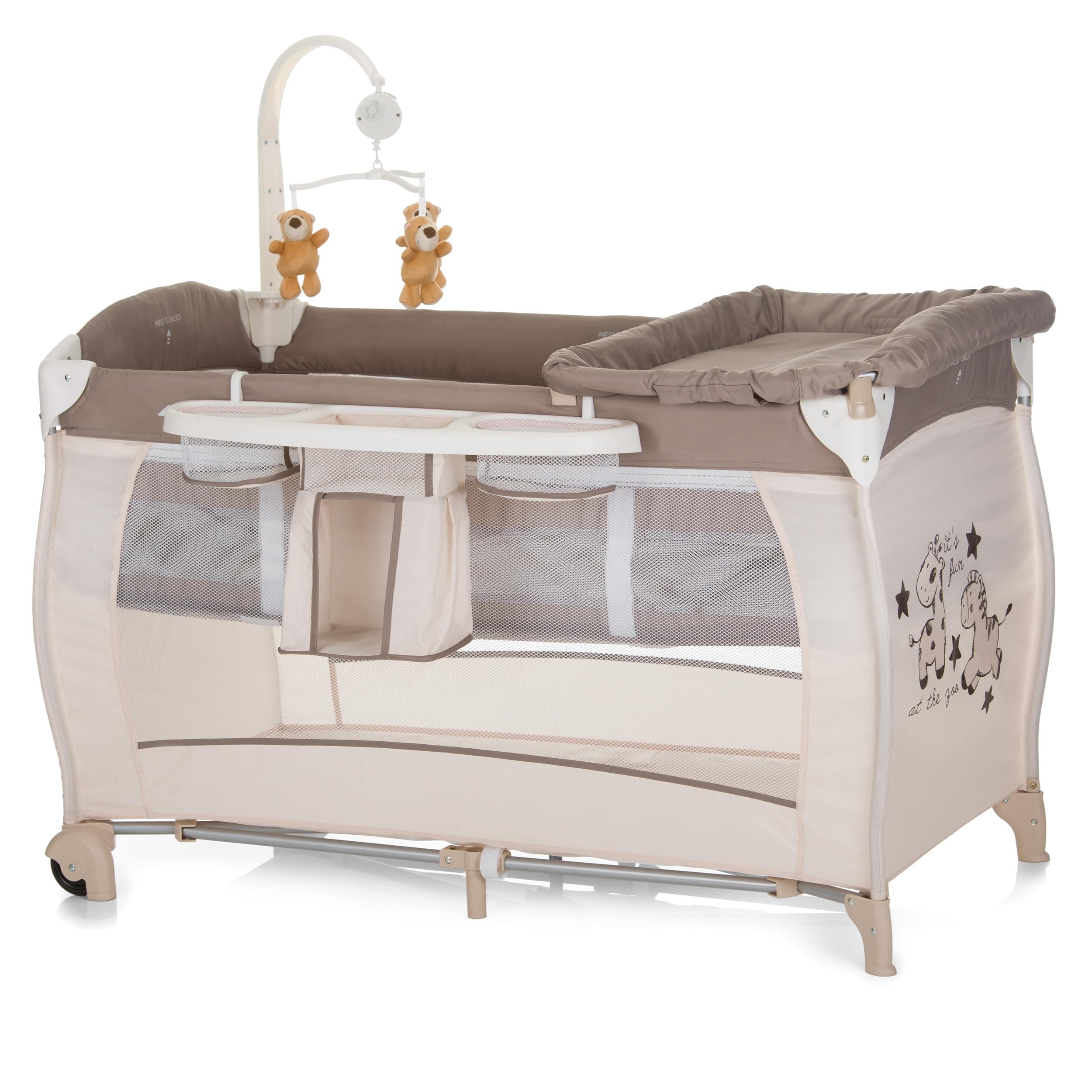 hauck Babycenter Zoo - Folding Travel Cot 120x60 cm with Changing Table, Mobile, Mattress, 2 Height Levels, Wheels and Carry Bag – Portable Baby Cot for Newborns and Toddlers up to 15 kg - Beige