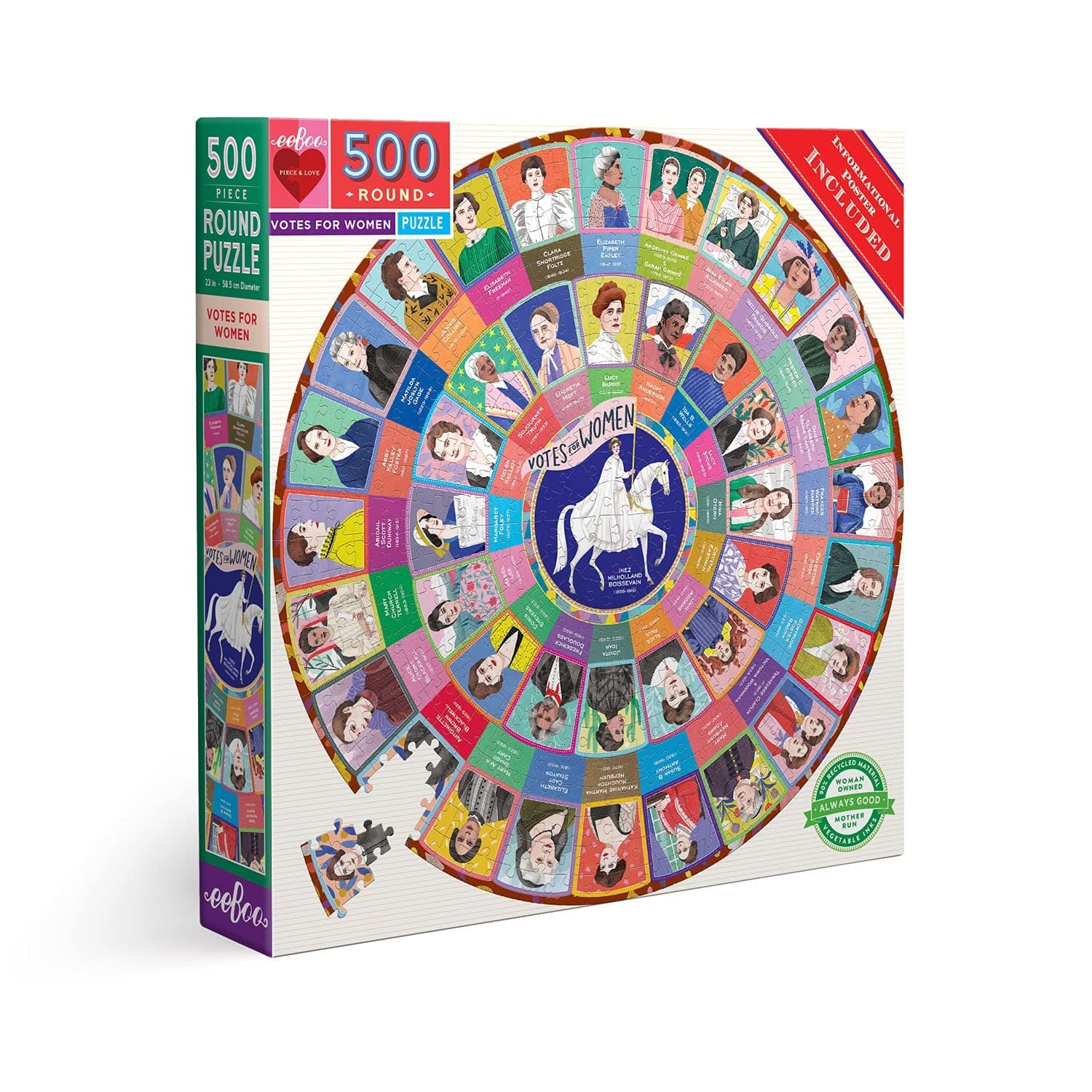 500 Piece Puzzle - Votes for Women Jigsaw Puzzle for Adults, Circular with 23" Diameter Made with Recycled Board & Vegetable-Based Ink