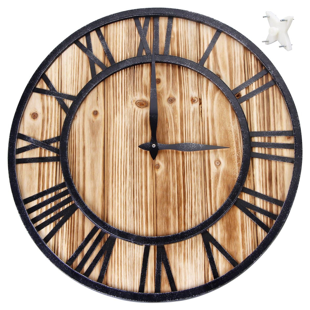 SEJU Large Metal & Solid Wood Roman Numeral Wall Clock - Silent Non Ticking Quality Quartz Battery Operated Decorative Round Wooden Rustic Wall Clock For Living Room/Kitchen/Bedroom (16 inch)